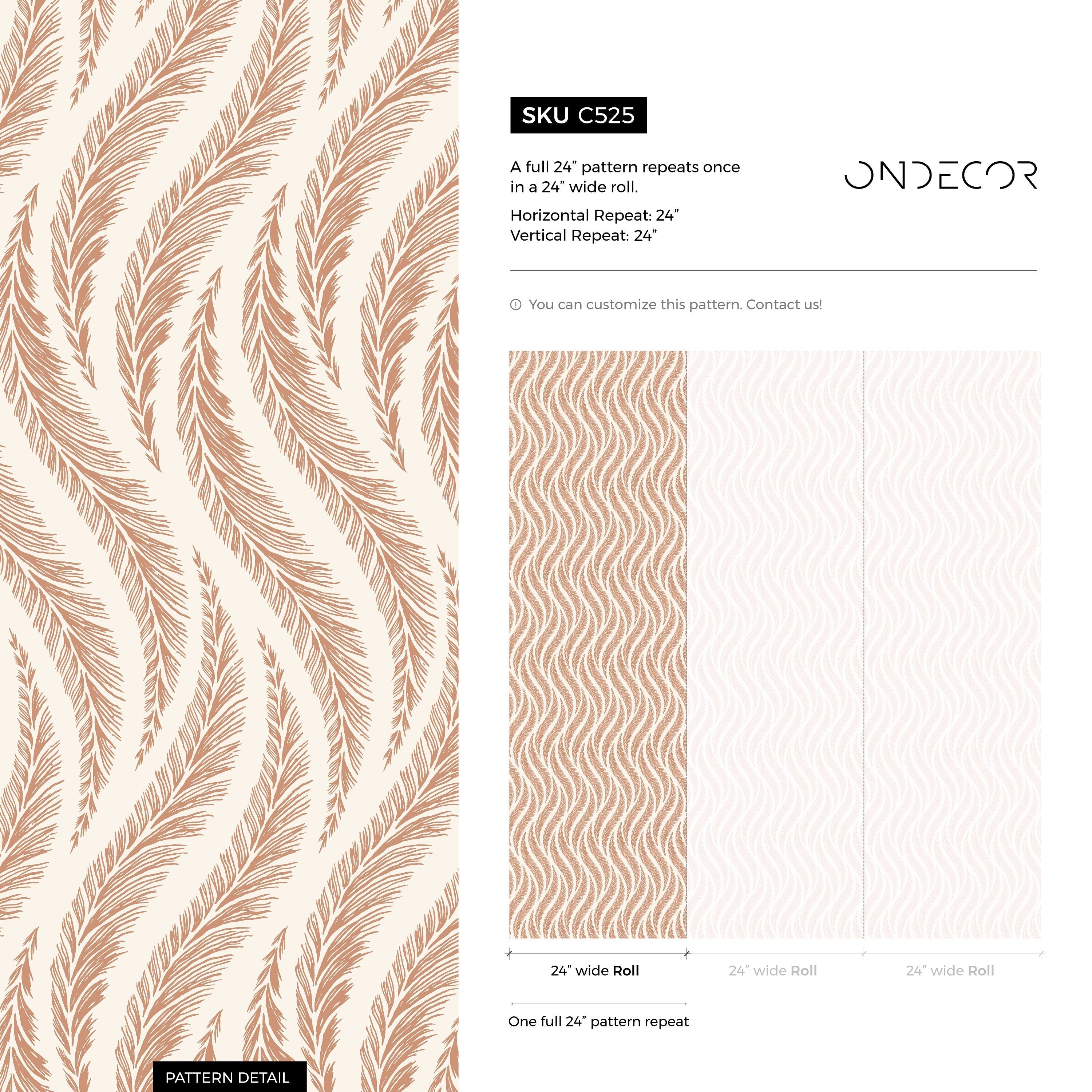 Bohemian Wallpaper With A Wavy Feather Motif In Pink And Terracotta - C525