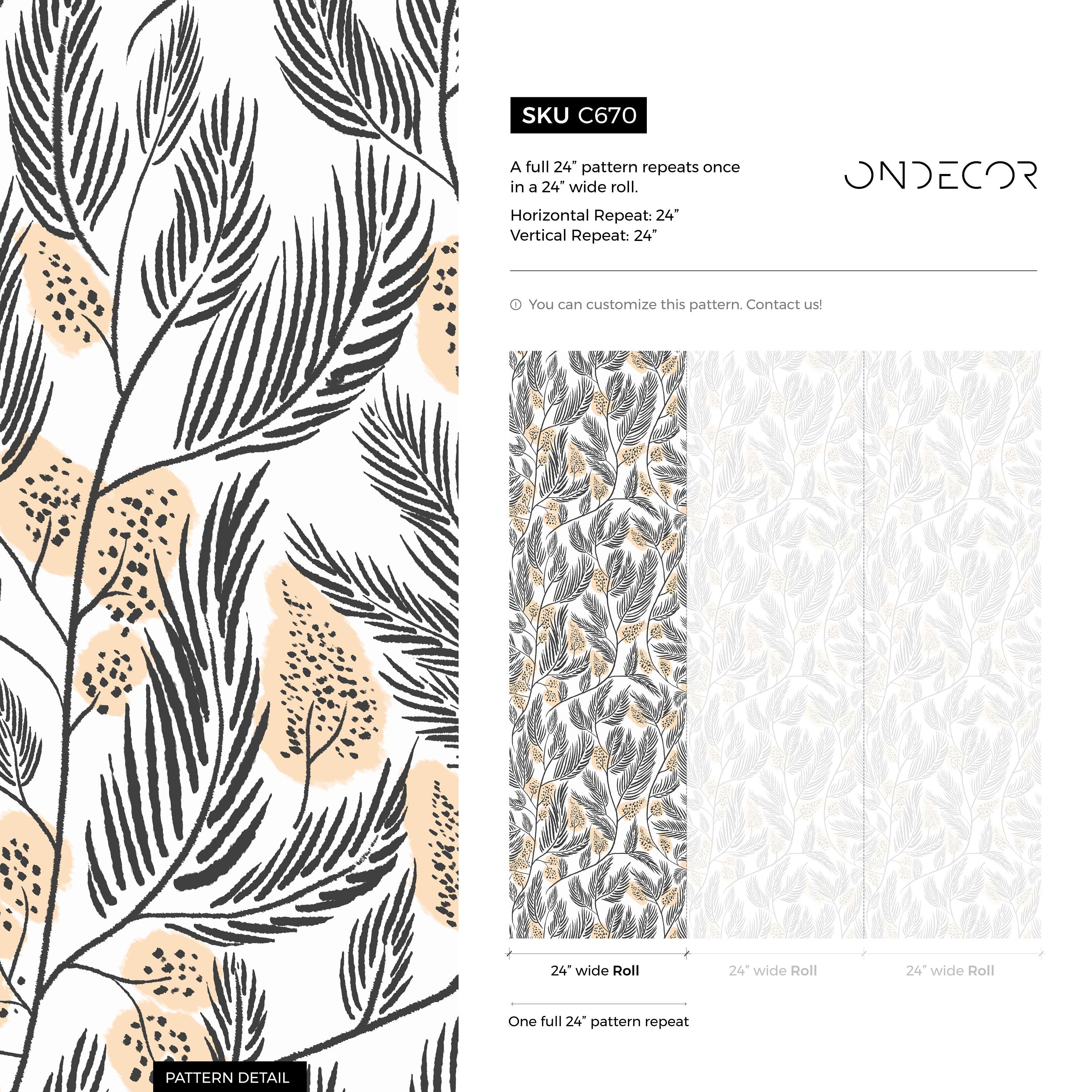 Botanical Wallpaper Featuring Stylized Fern Fronds In Black And Peach - C670