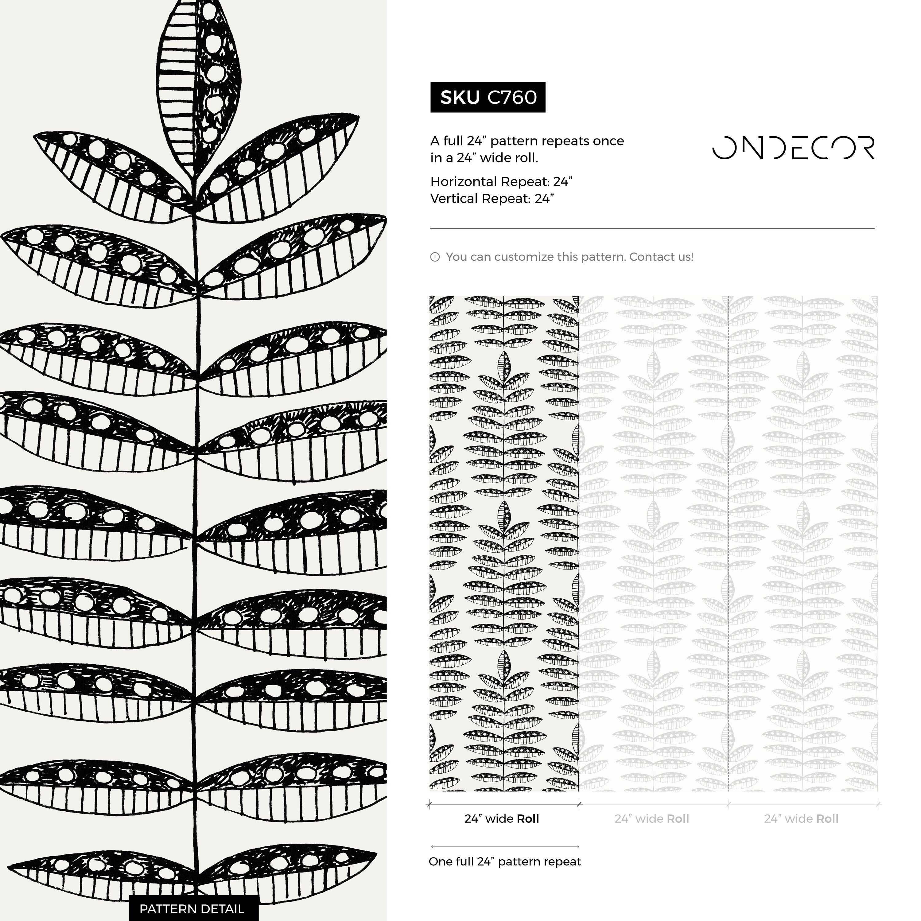 Boho Wallpaper With A Folk Art Leaf Motif In Black And White - C760