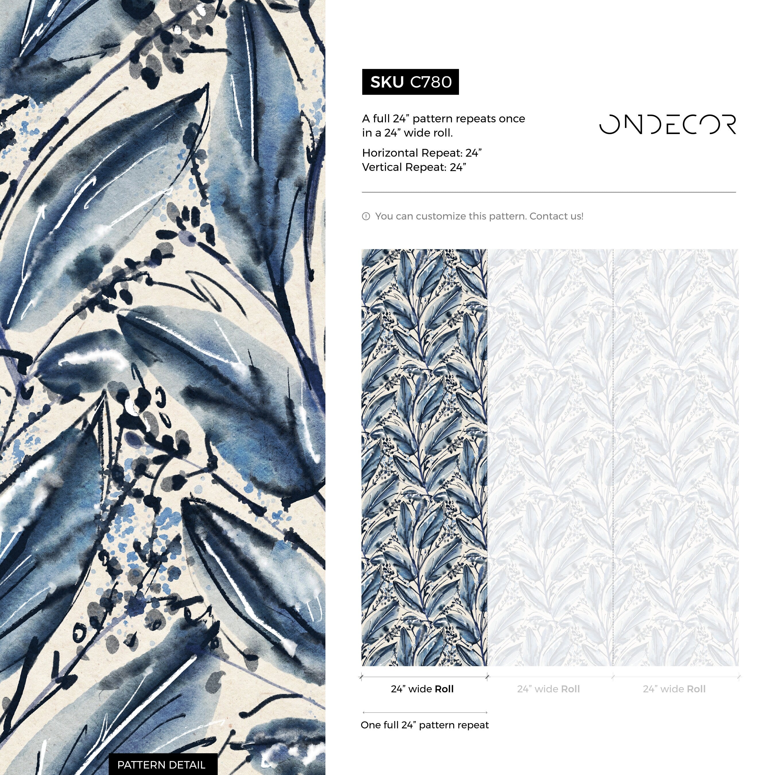 Botanical Wallpaper Featuring Watercolor Leaves In Blue And Black - C780