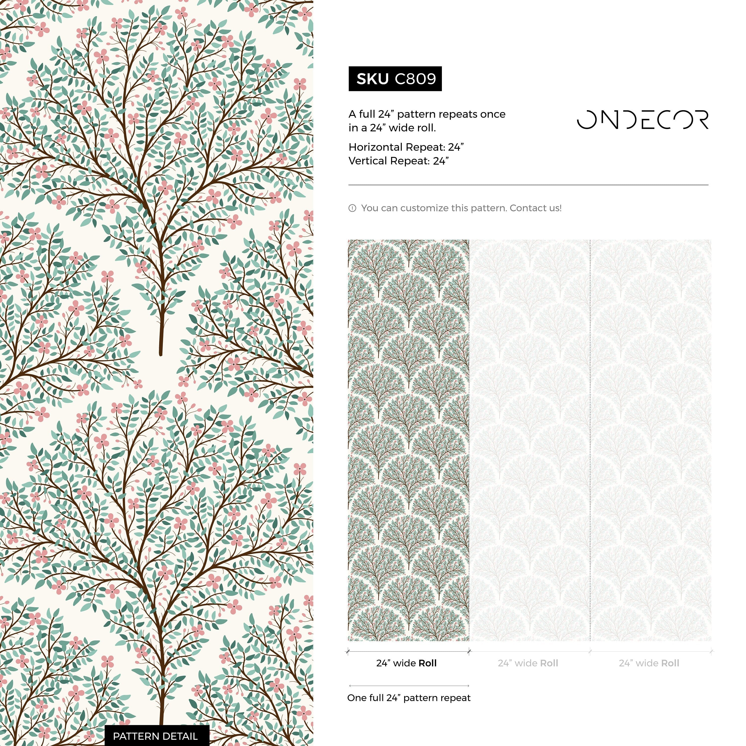 Botanical Wallpaper With A Blossoming Tree Motif In Green, Pink, And Brown - C809