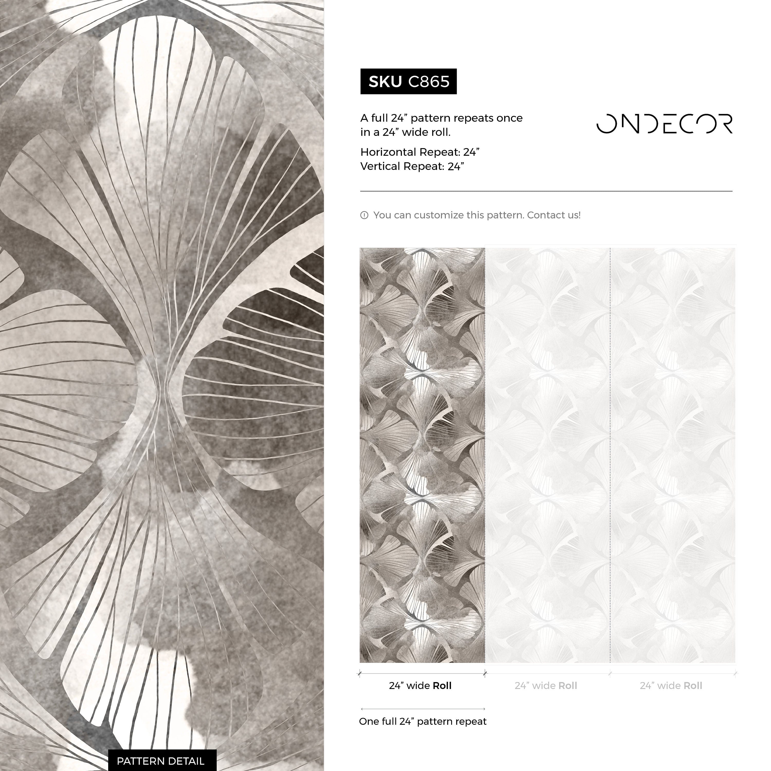 Botanical Wallpaper With Art Deco Ginkgo Leaves In Gray And Taupe - C865