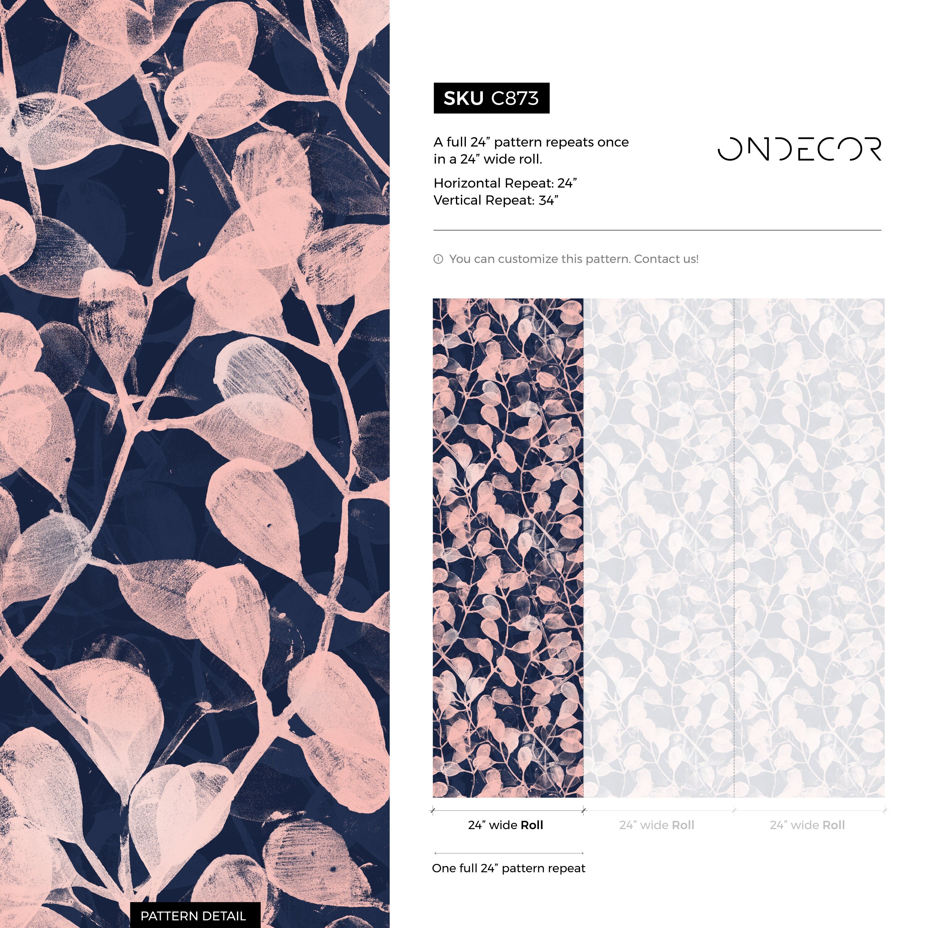 Botanical Wallpaper With A Stamped Leaf Motif In Navy And Pink - C873