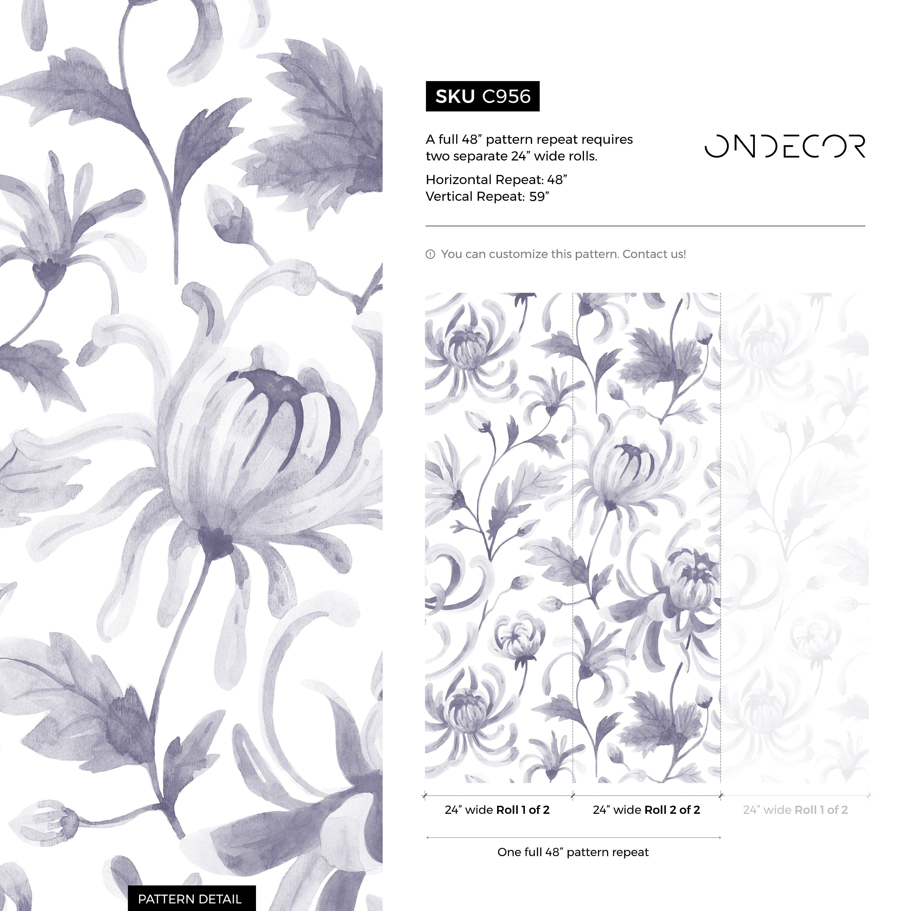 Floral Wallpaper Featuring Watercolor Chrysanthemums In Purple - C956
