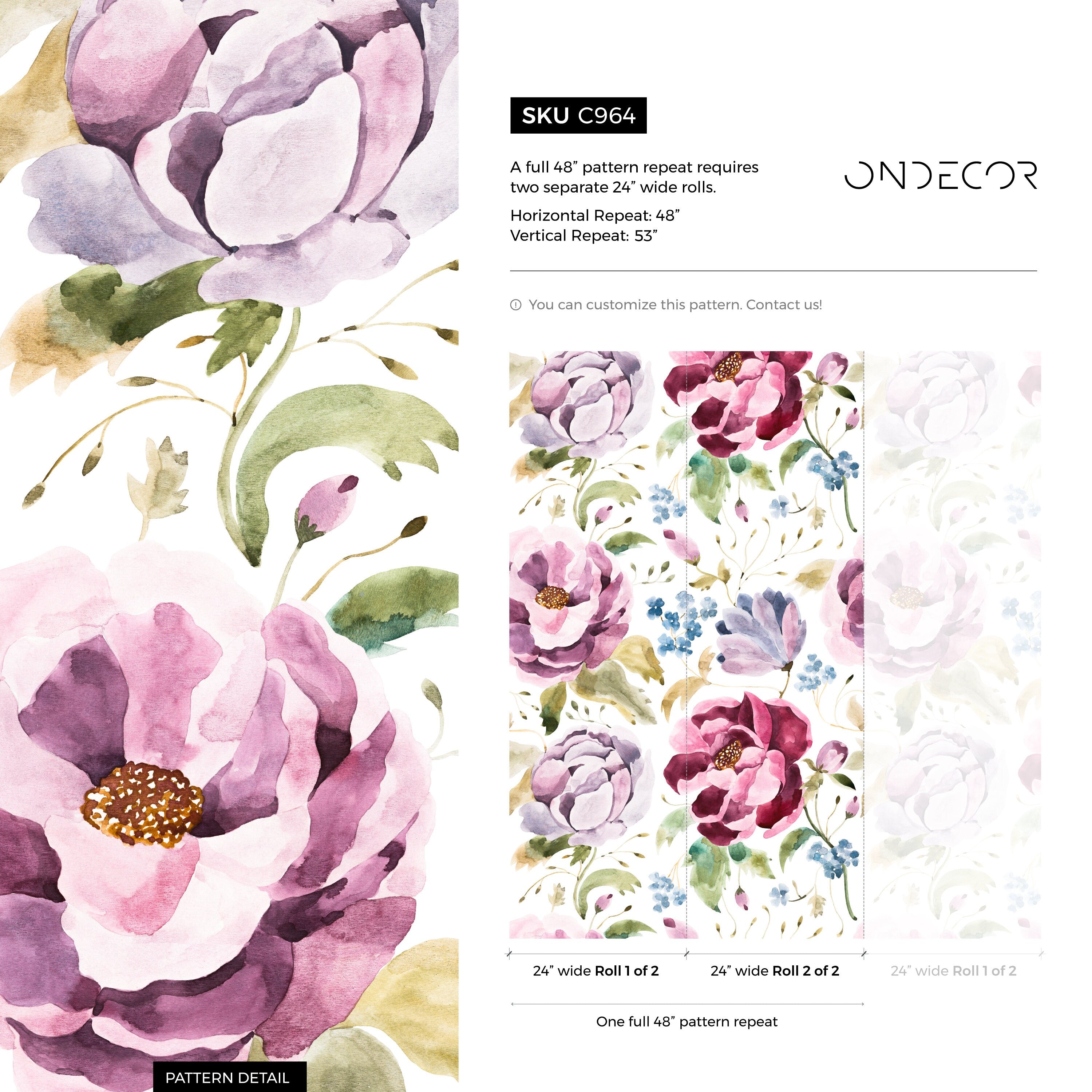 Floral Wallpaper Featuring Watercolor Roses In Pink, Purple, And Blue - C964