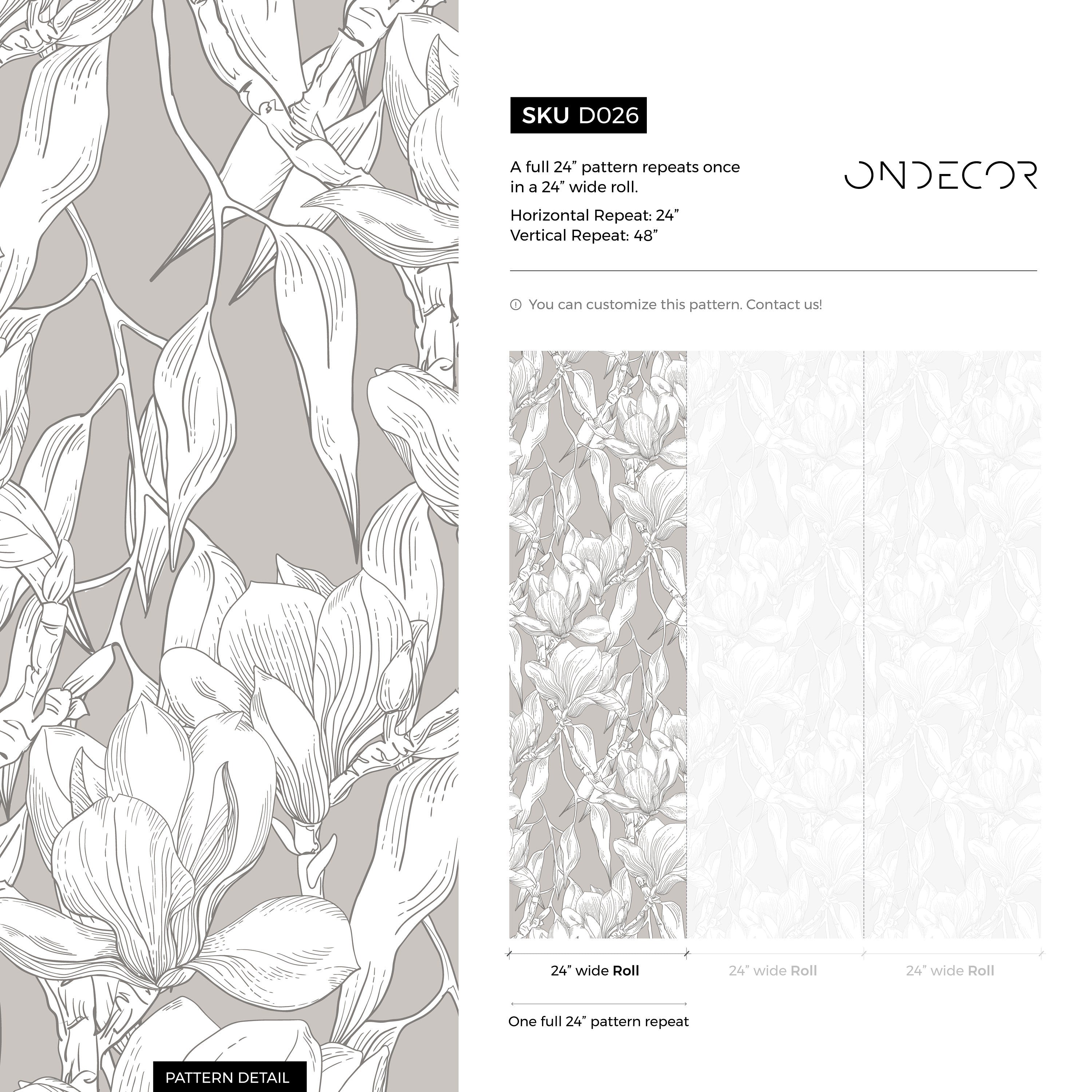 Floral Wallpaper Featuring Line Art Magnolias In Grey And White - D026
