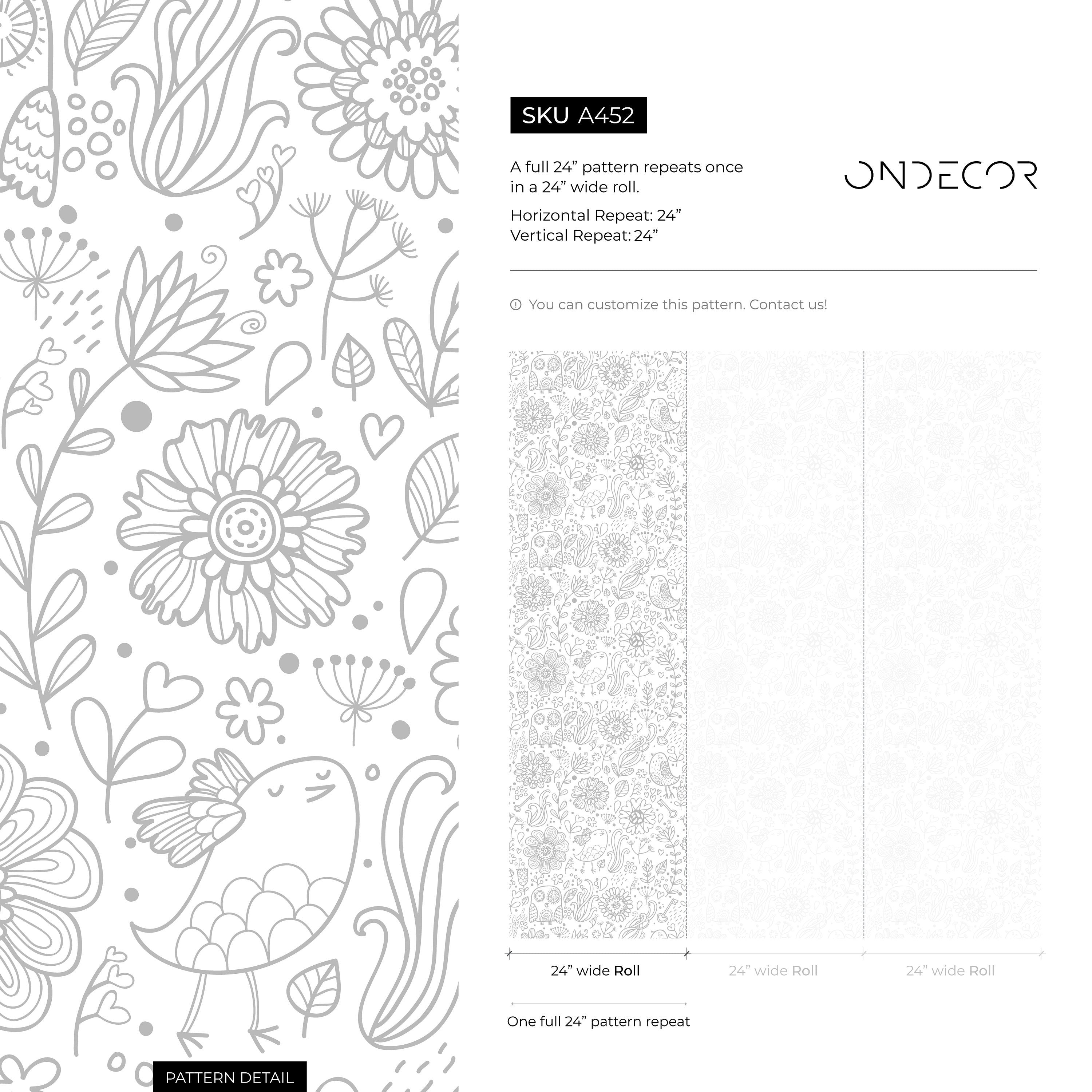 Scandinavian Wallpaper With Hand-drawn Florals And Animals In Gray - A452