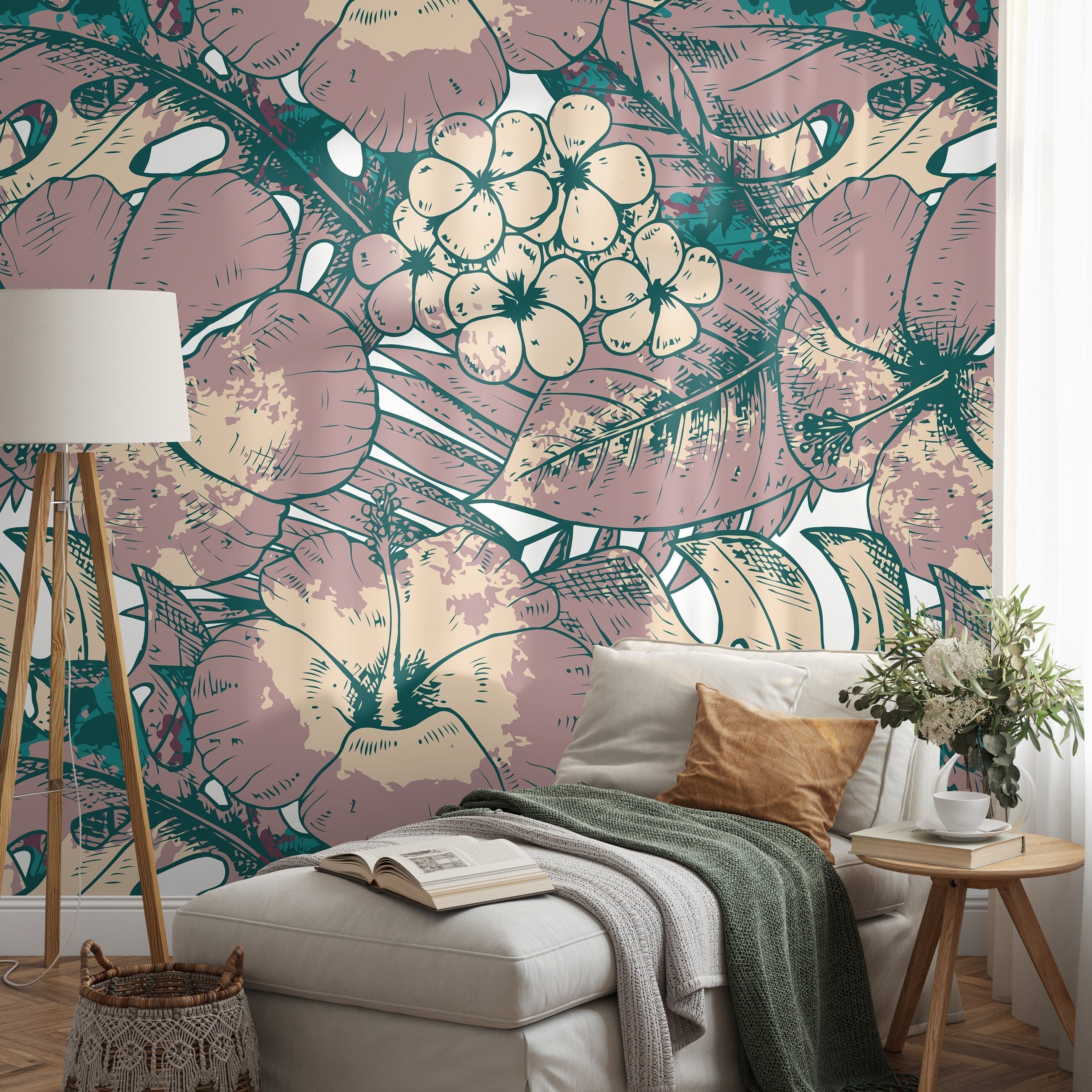 Tropical Wallpaper With Sketched Hibiscus In Mauve, Teal, And Beige - D952