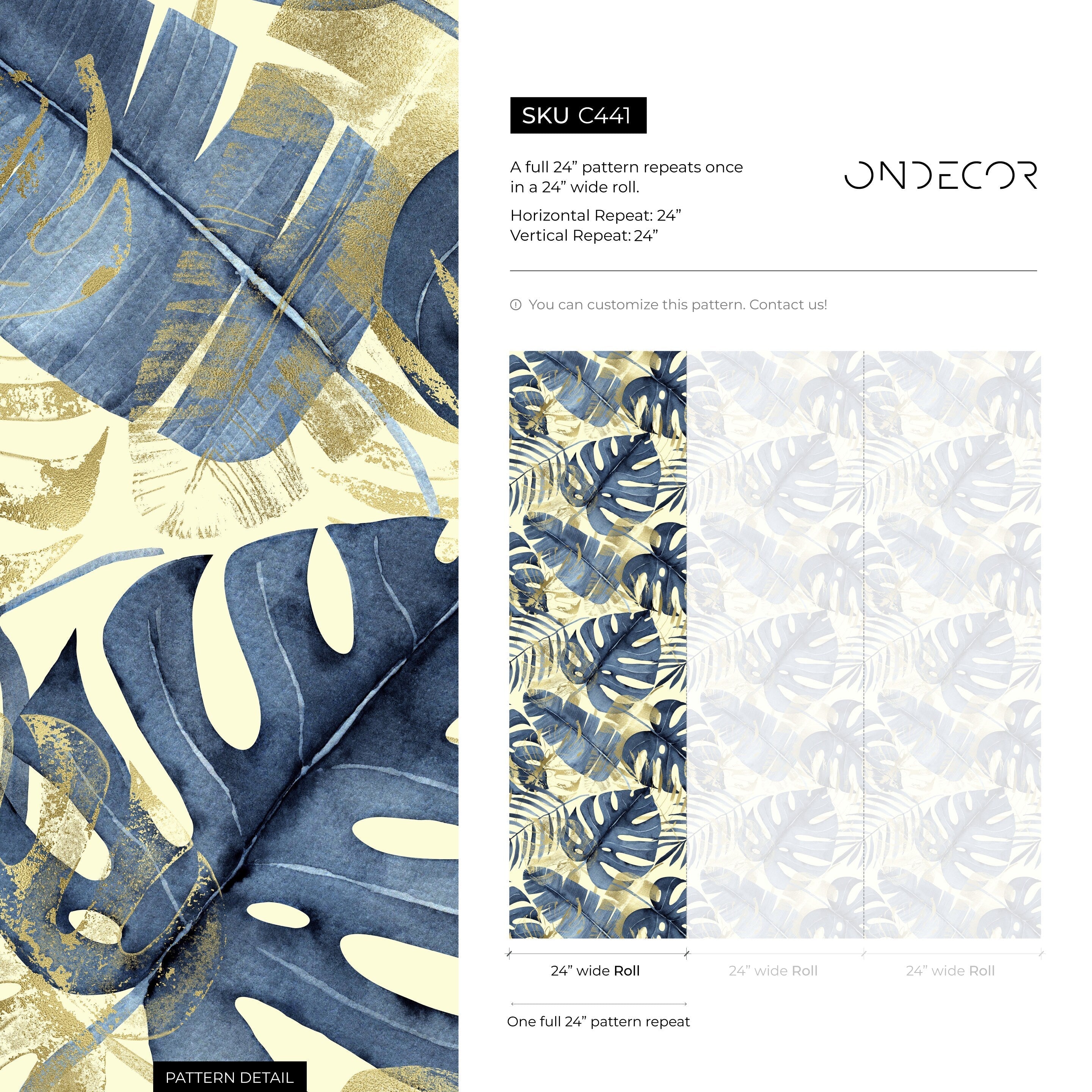 Botanical Wallpaper With Tropical Leaves In Navy Blue And Gold - C441