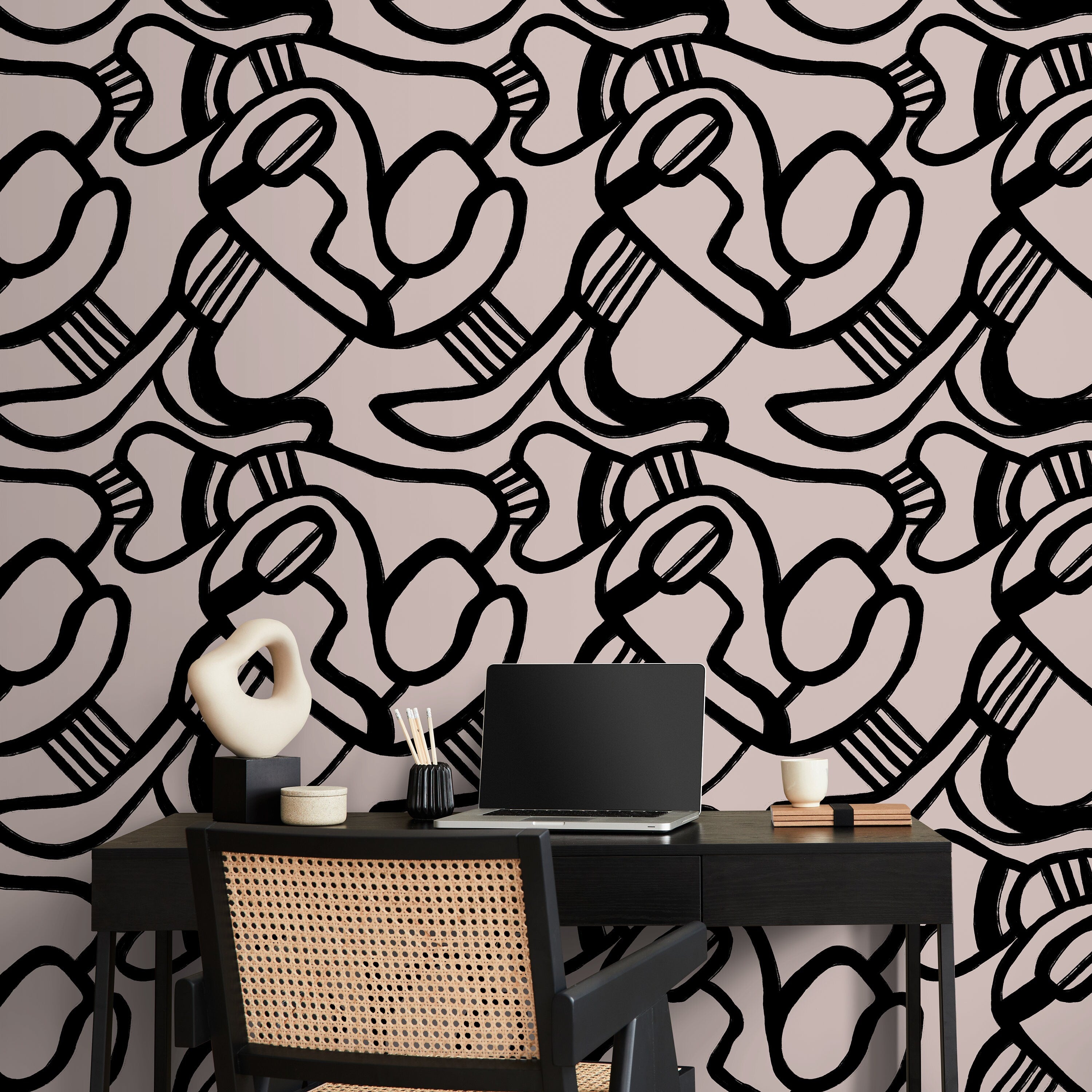 Abstract Wallpaper With Bold Brushstroke Lines In Black And Rose - X133
