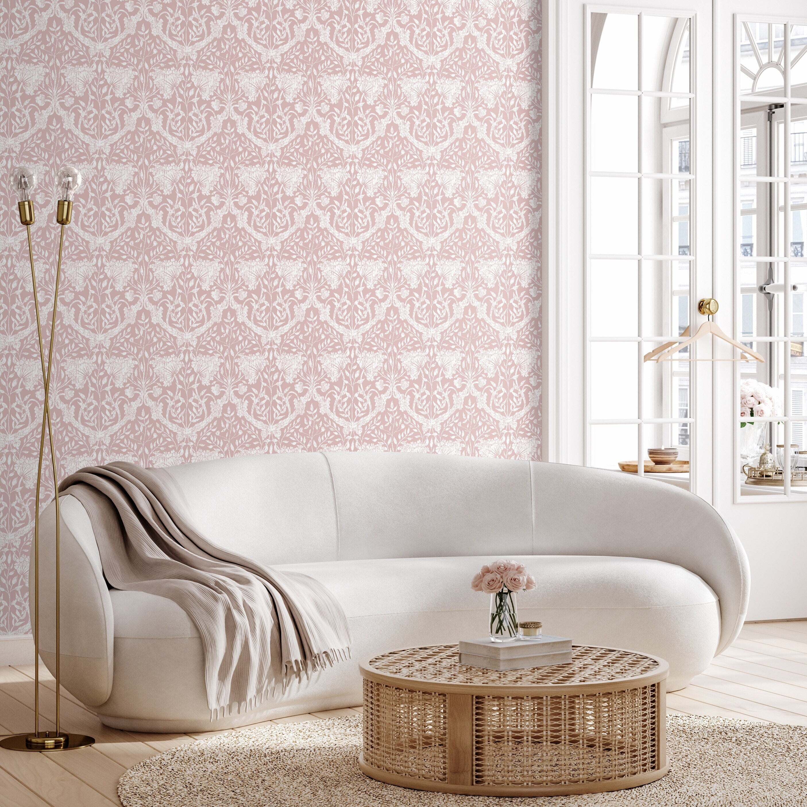 Damask Wallpaper With An Elegant Floral Motif In Pink And White - D950