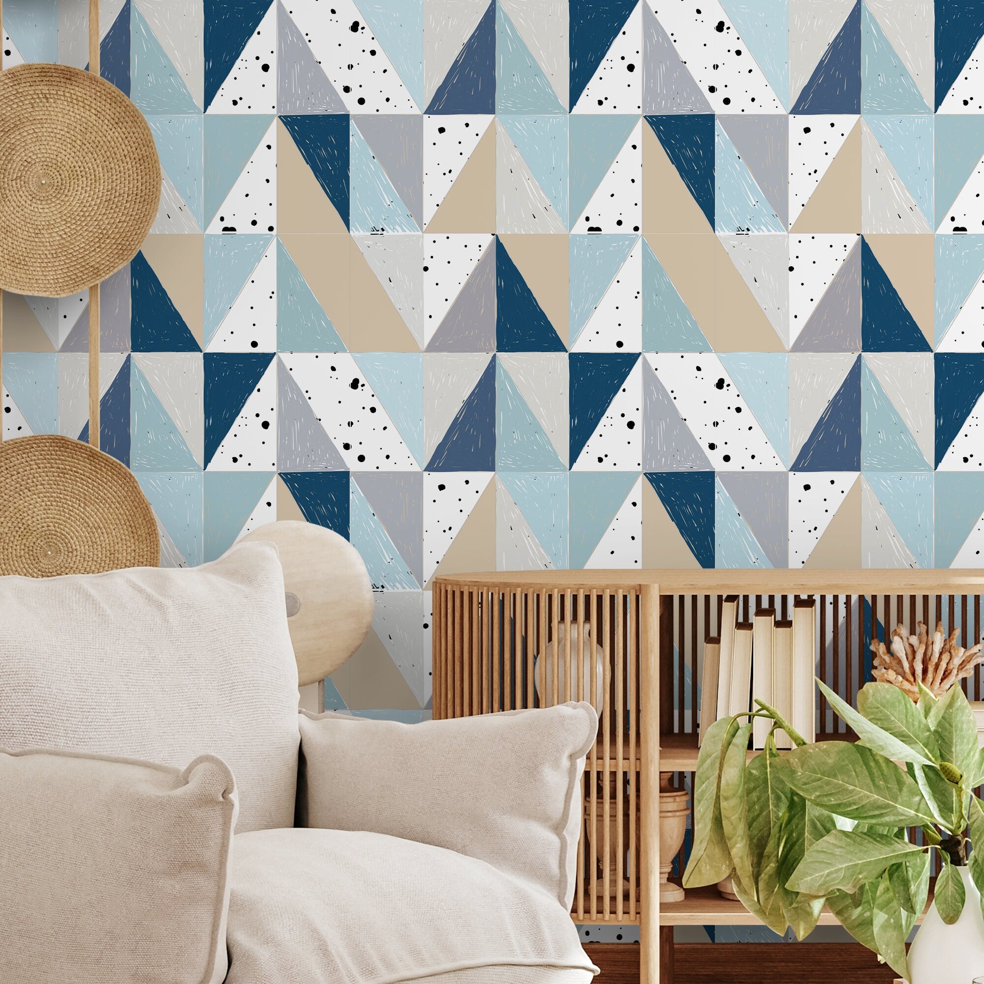 Geometric Wallpaper With Sketched Triangles In Blue, Beige, And Grey - A316