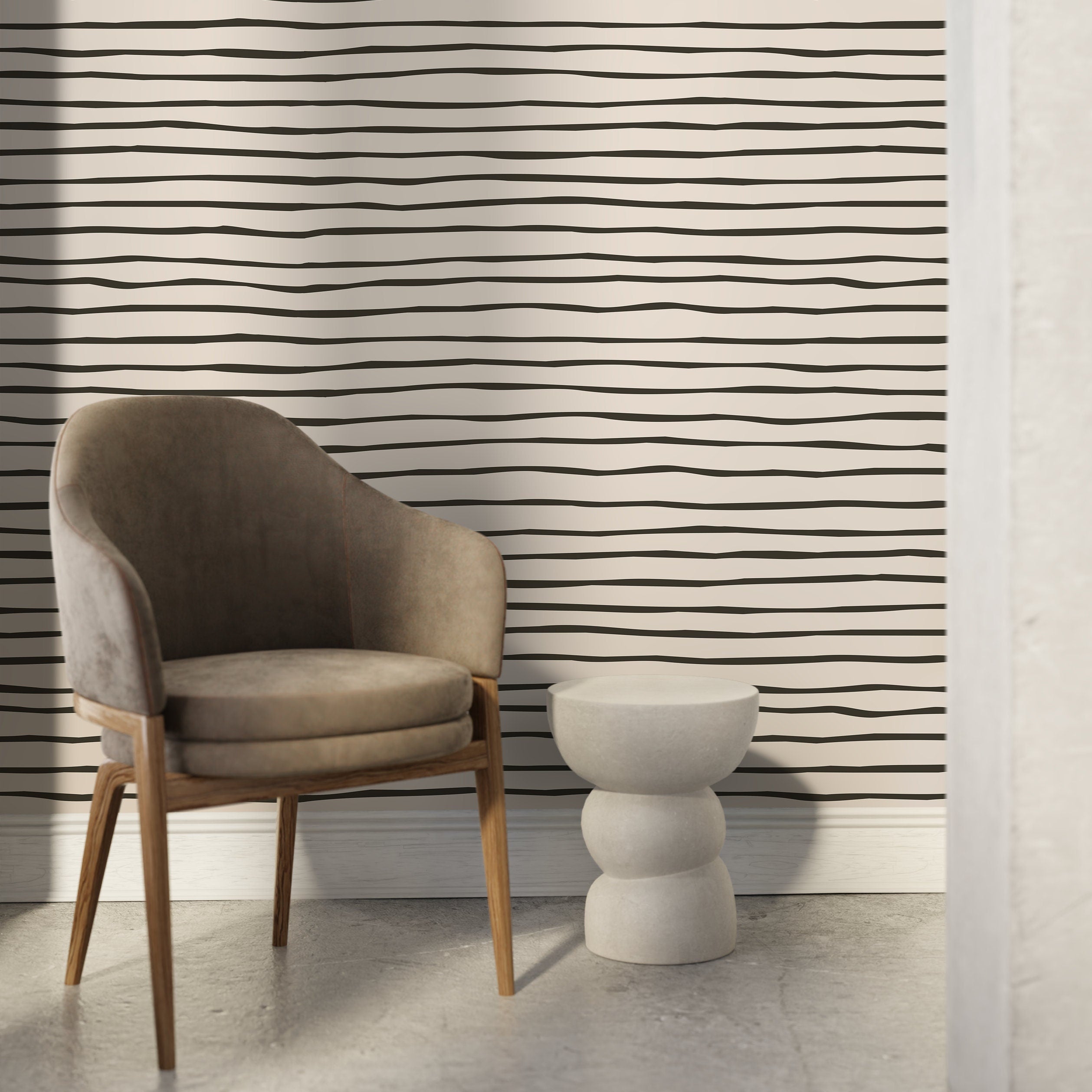Striped Wallpaper With Wavy Hand-drawn Lines In Black And Beige - D777