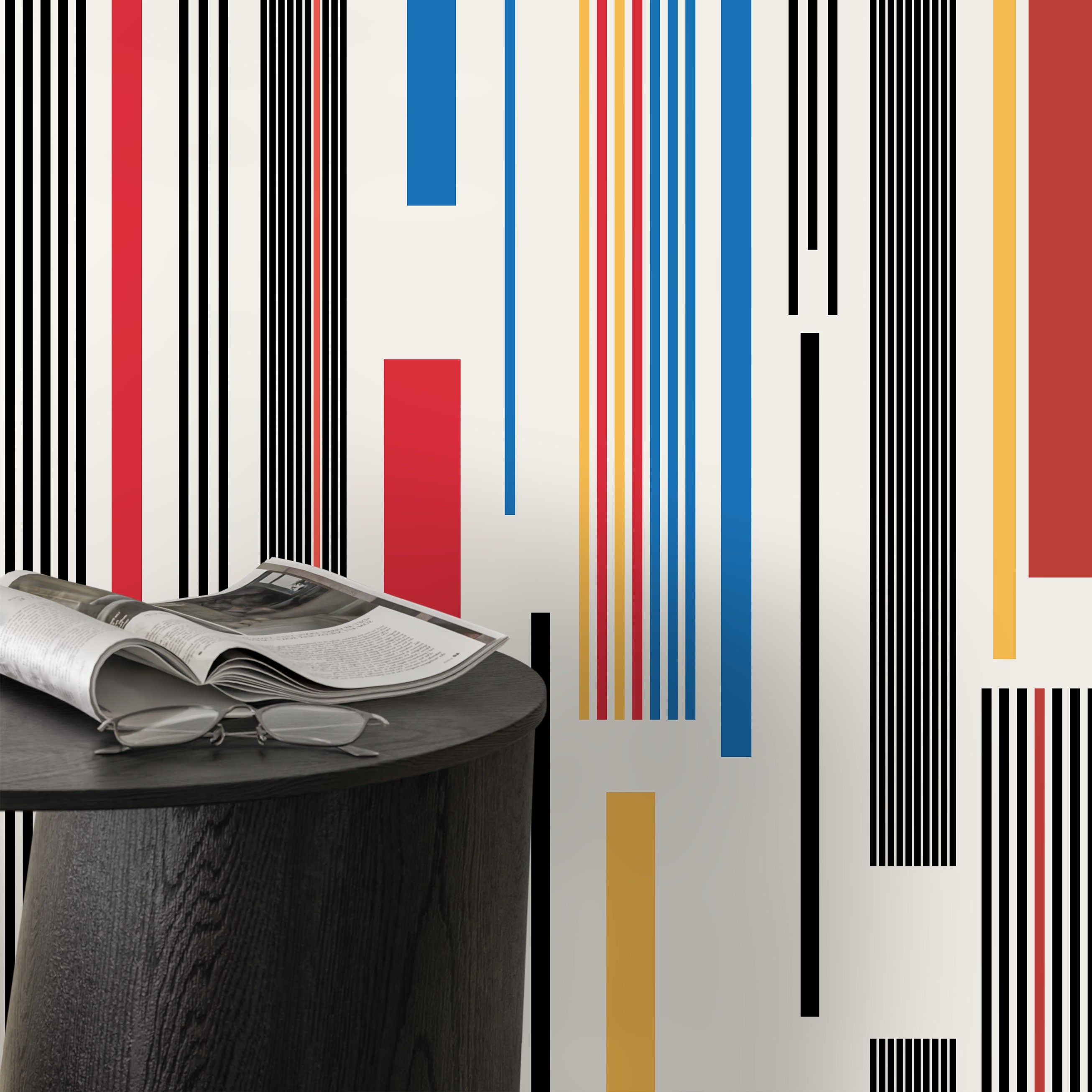 Geometric Wallpaper With Bold Vertical Stripes In Red, Blue, And Yellow - D741