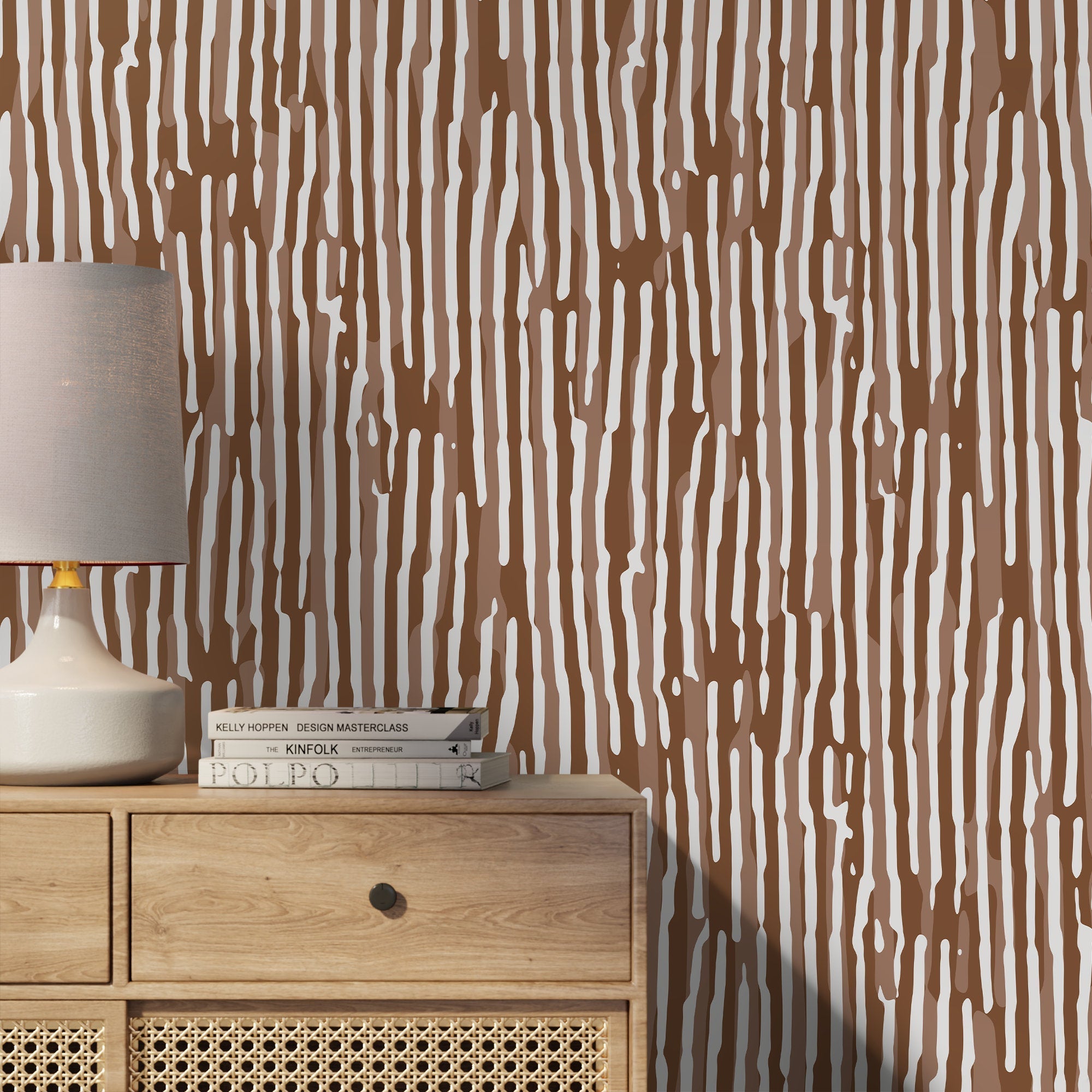 Abstract Wallpaper With Organic Wavy Stripes In Brown And White - D745