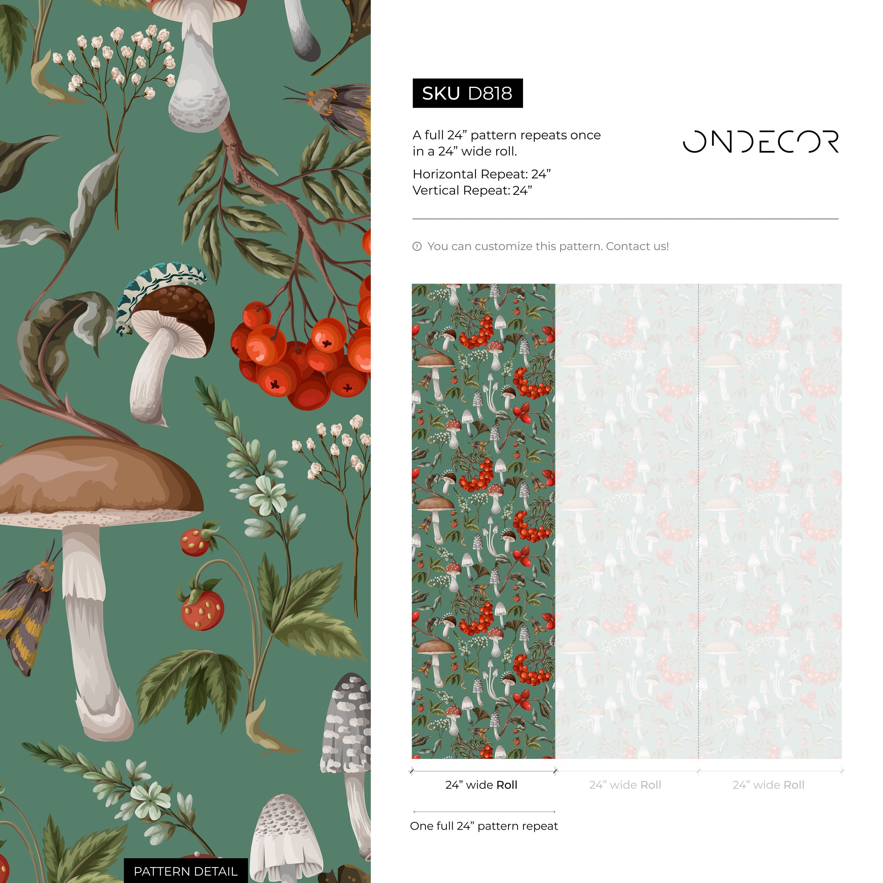 Botanical Wallpaper With Mushrooms And Berries In Green, Red, And Brown - D818