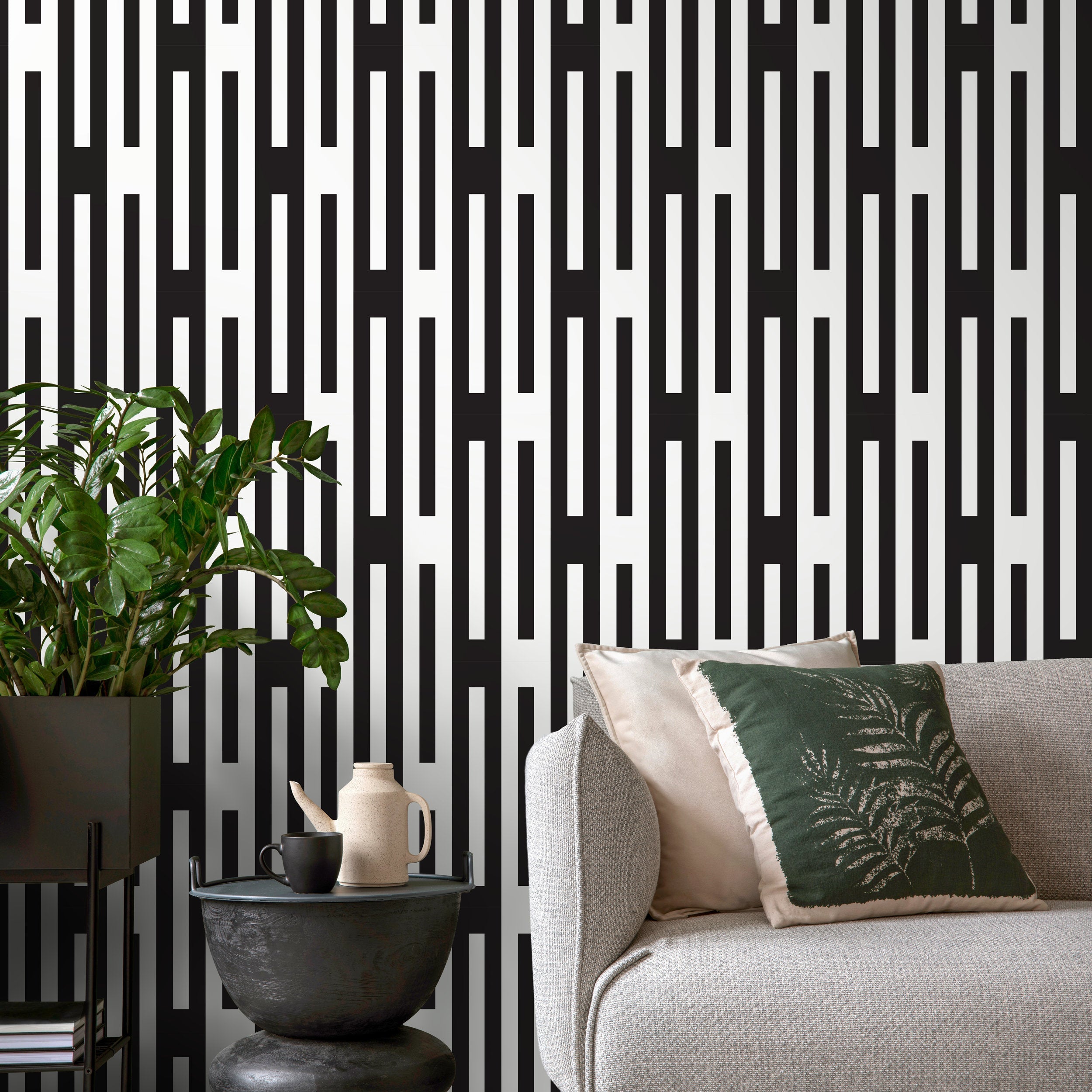 Geometric Wallpaper With An Interlocking Line Motif In Black And White - D939