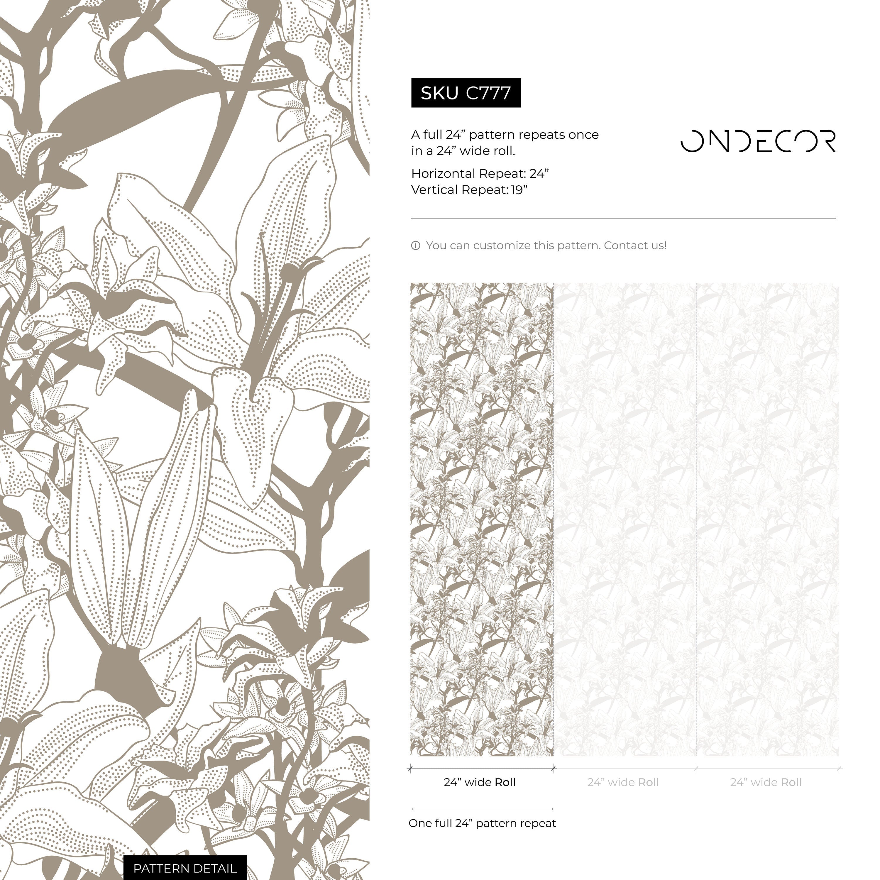Floral Wallpaper With An Intricate Lily Sketch In Brown - C777