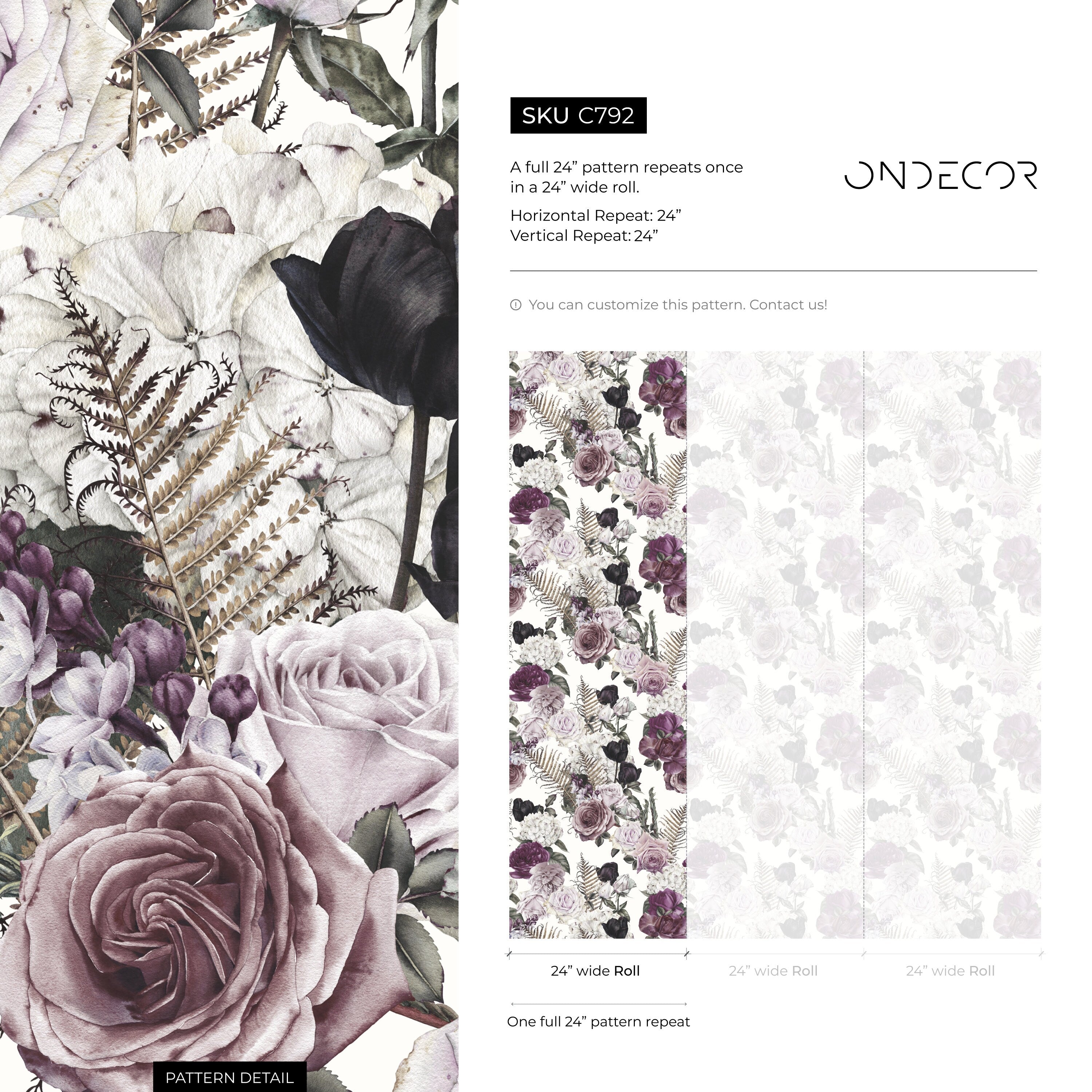 Floral Wallpaper With Vintage Roses And Ferns In Purple, Black, And White - C792