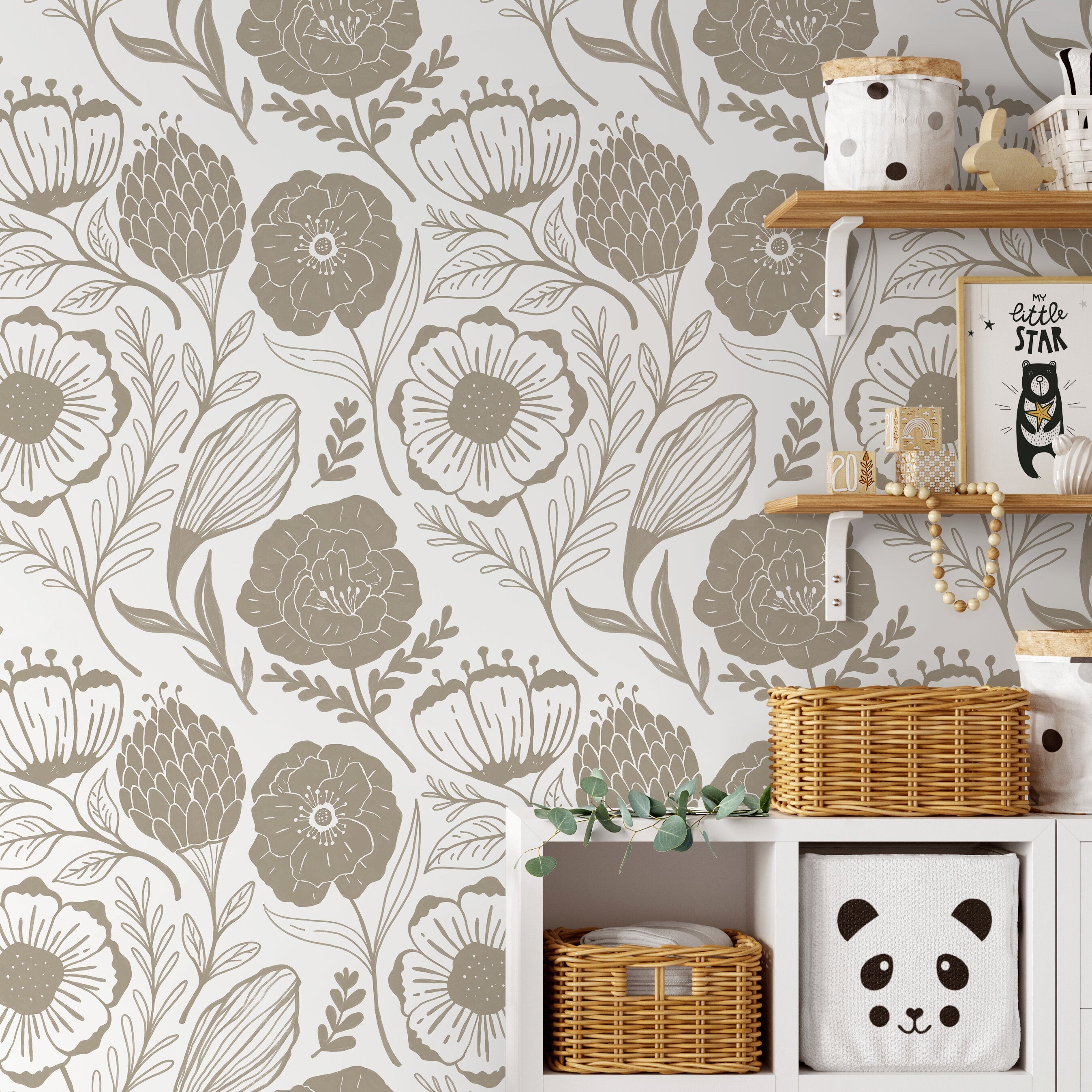 Floral Wallpaper Featuring Hand-drawn Blooms In Beige - D946