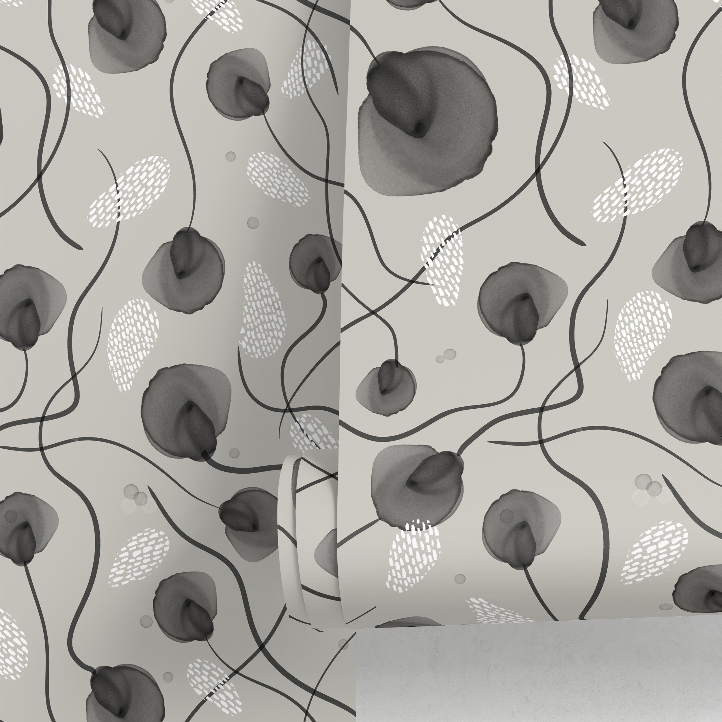 Scandinavian Wallpaper With Abstract Watercolor Poppies In Gray And Black - X124