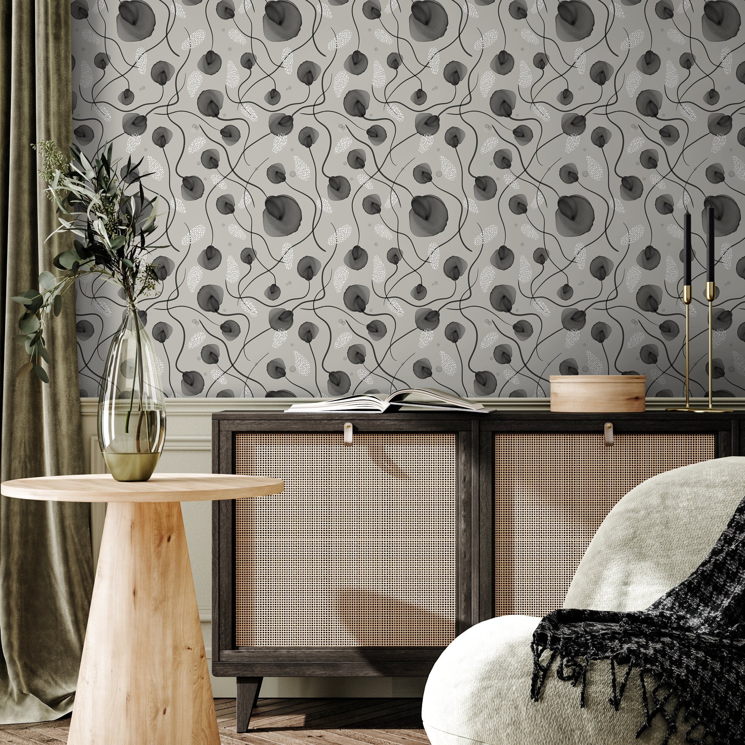 Scandinavian Wallpaper With Abstract Watercolor Poppies In Gray And Black - X124