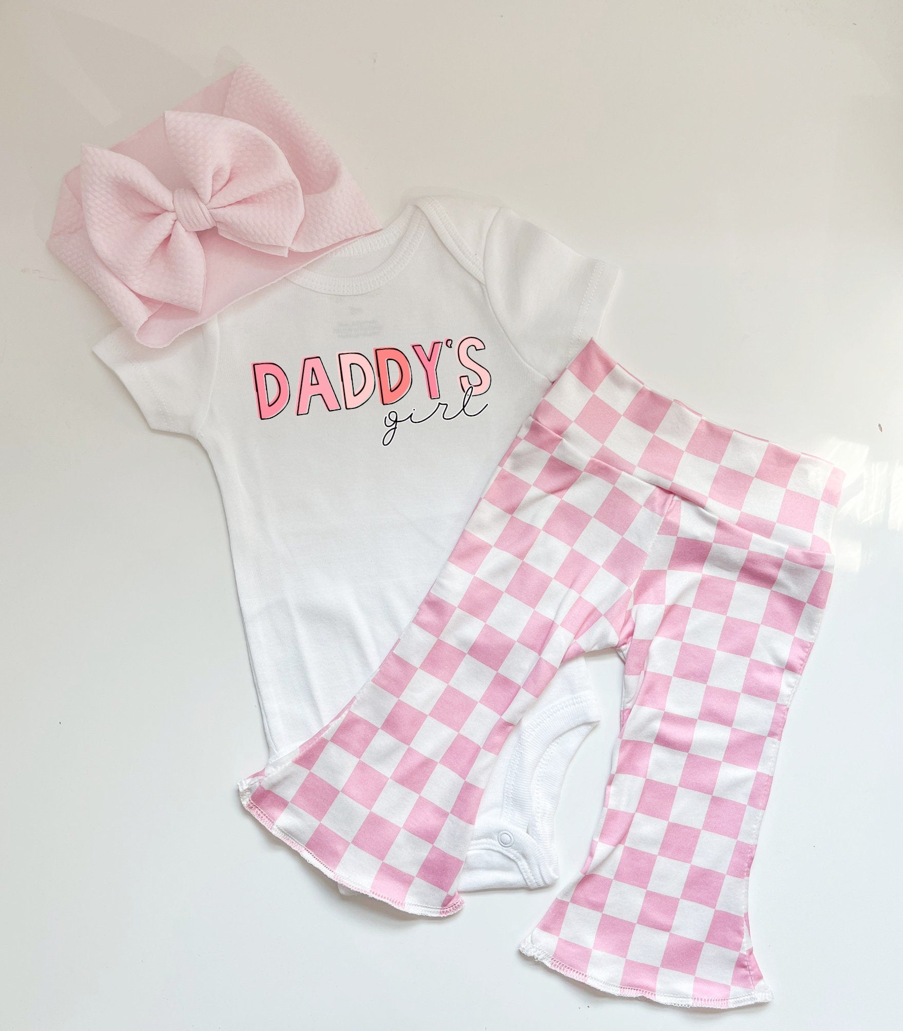 Pink Checker Daddy's Girl Baby Bell Bottom Outfit