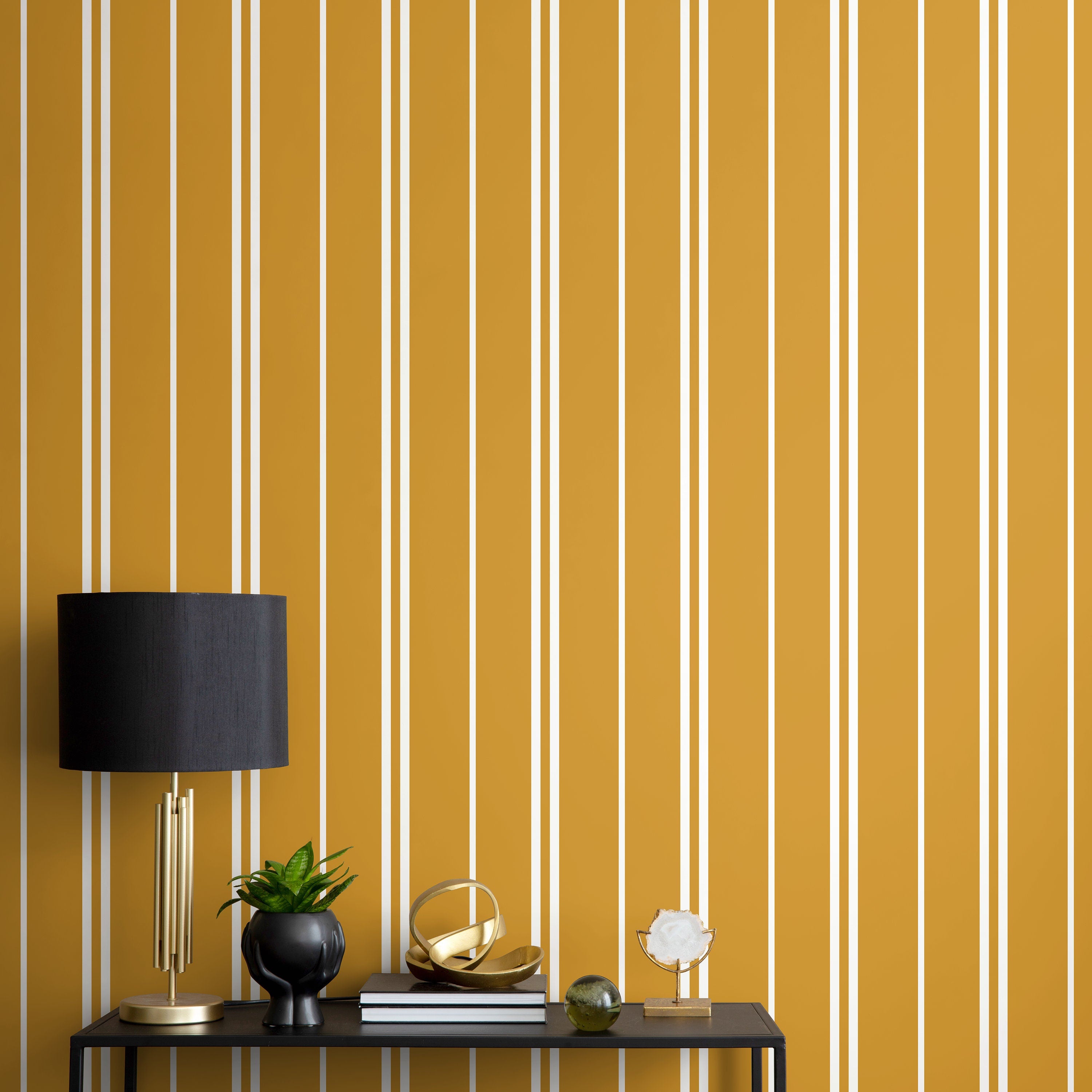 Striped Wallpaper Featuring Clean Vertical Lines In Mustard Yellow And White - D768