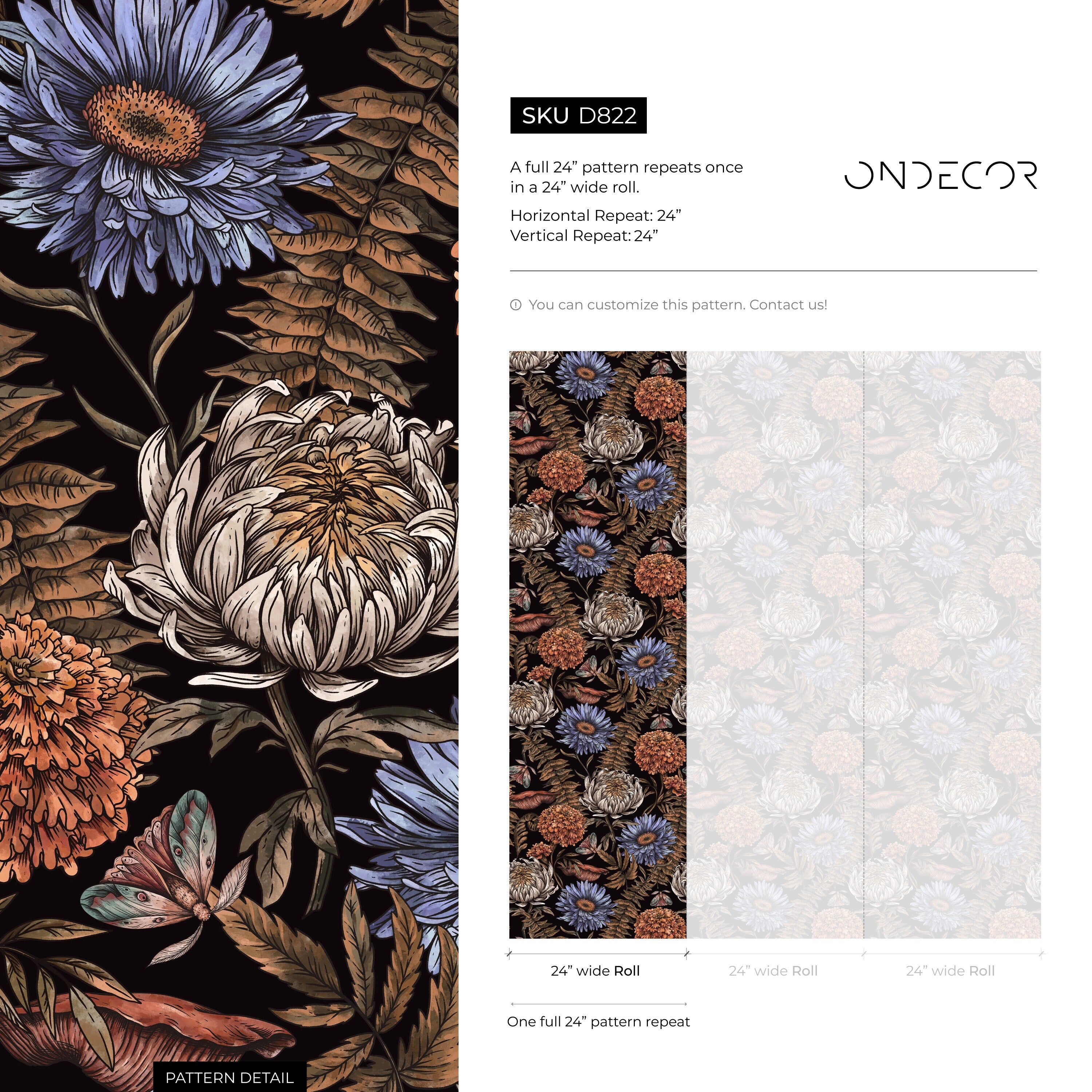 Botanical Wallpaper With Moths And Vintage Florals In Black, Blue, And Orange - D822