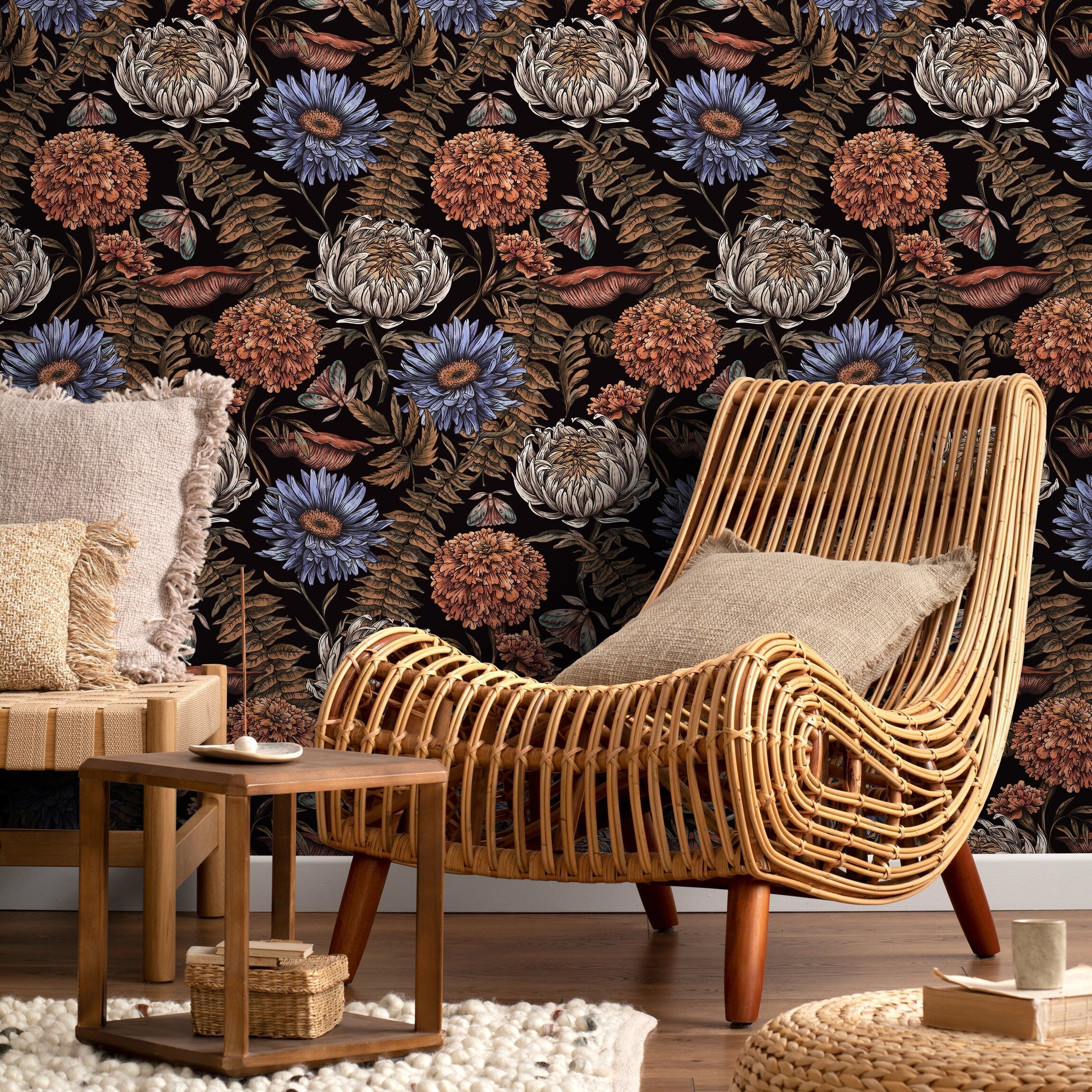 Botanical Wallpaper With Moths And Vintage Florals In Black, Blue, And Orange - D822
