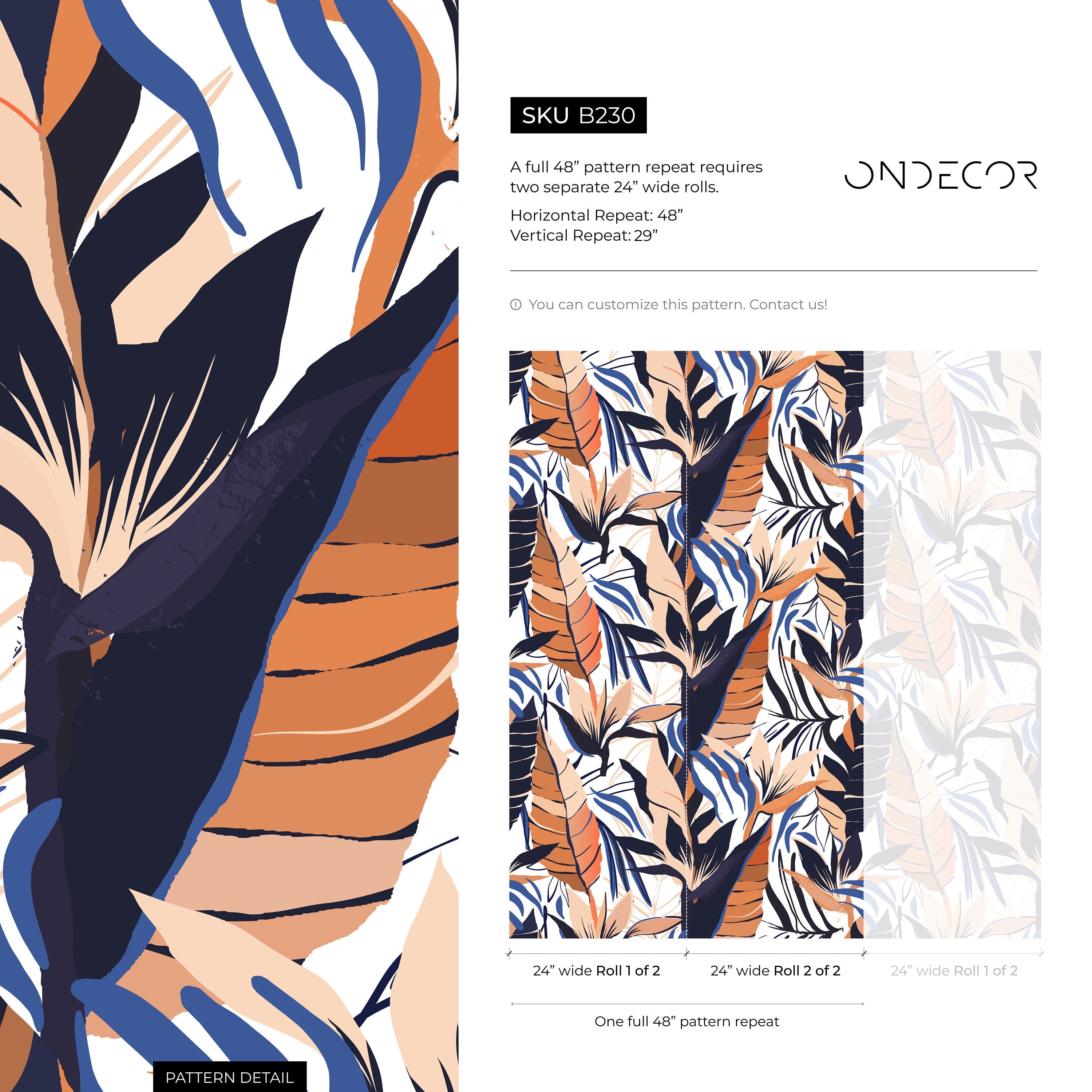 Botanical Wallpaper With Abstract Tropical Leaves In Orange, Blue, And Beige - B230