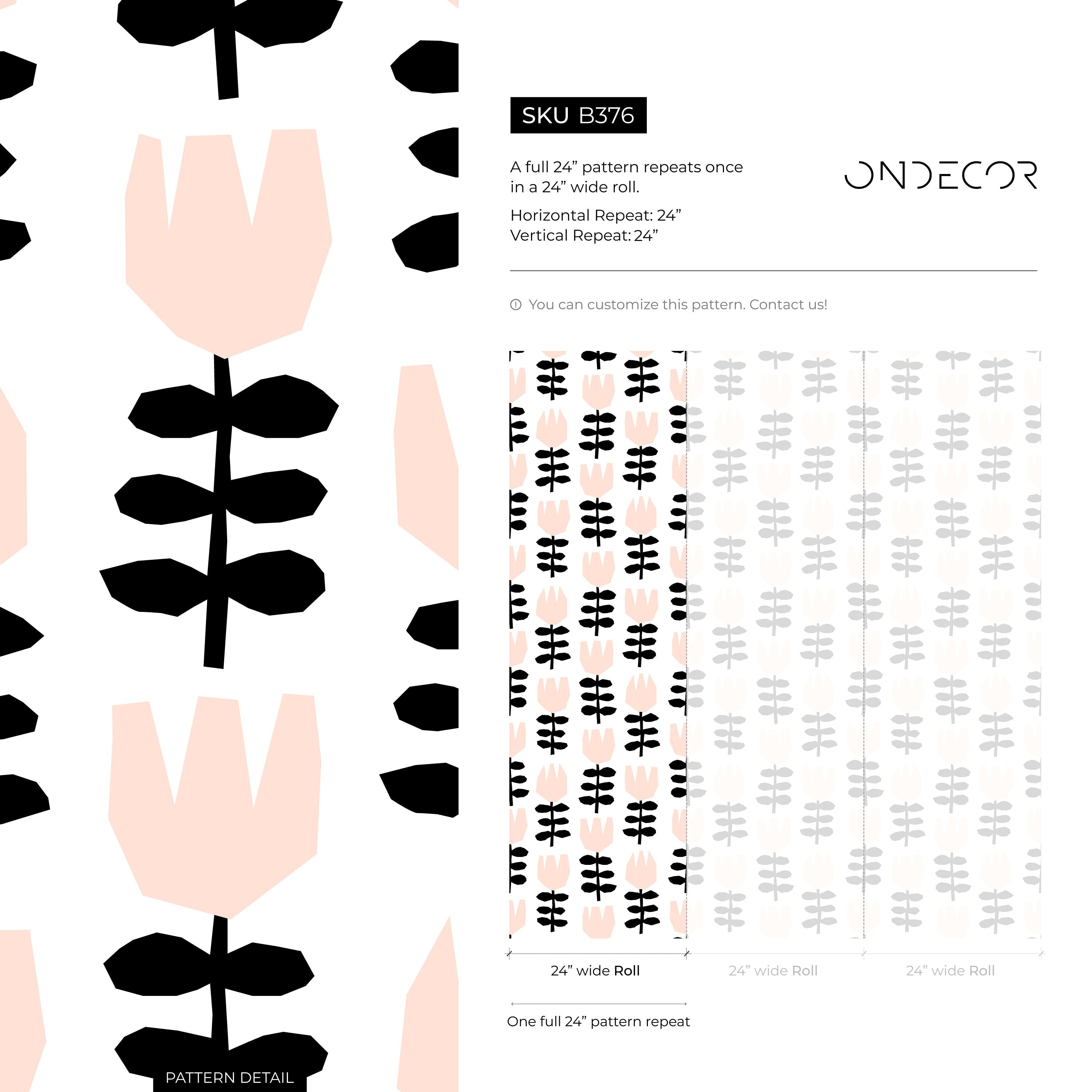Floral Wallpaper Featuring Stylized Tulips In Pink And Black - B376