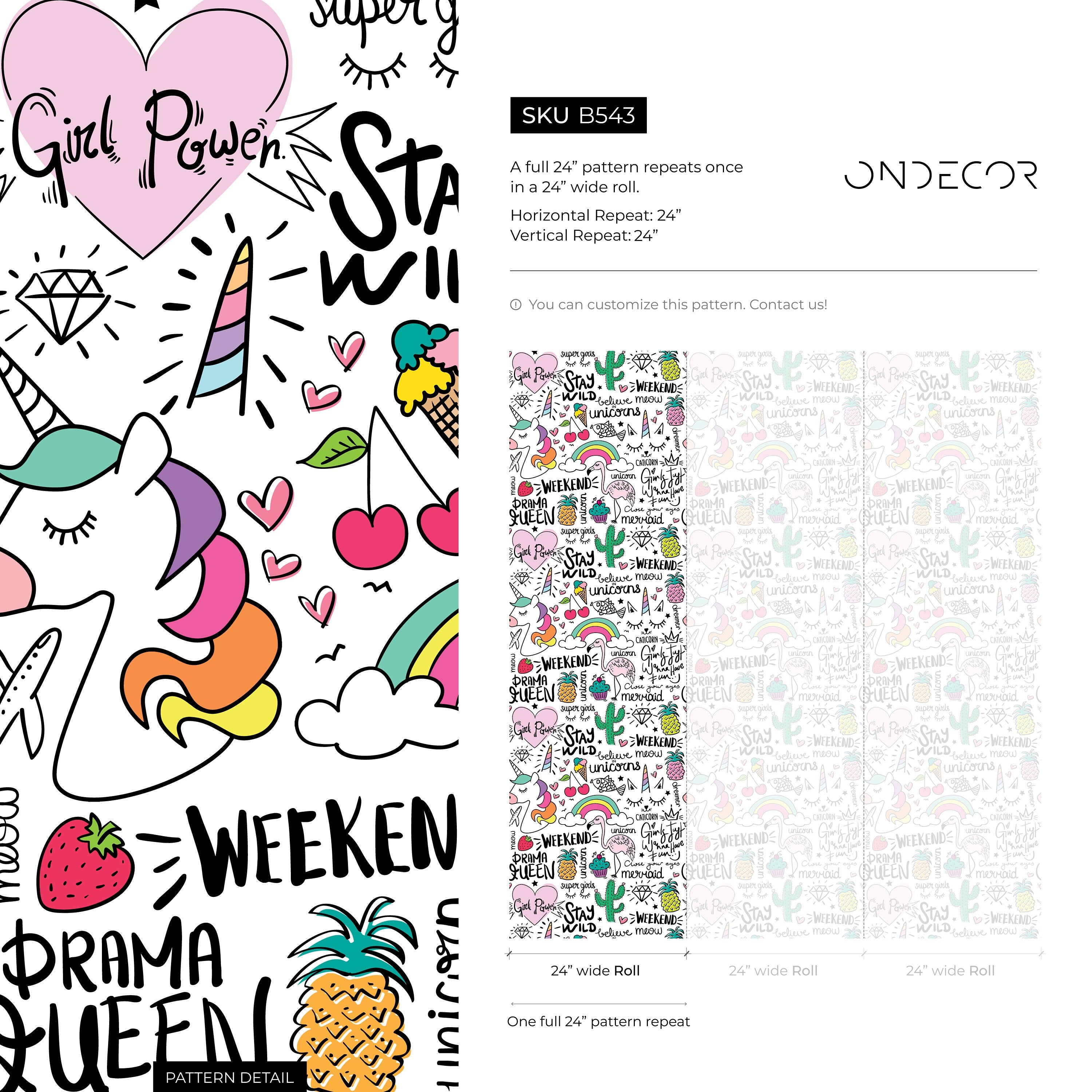 Kids Wallpaper With Unicorn And Rainbow Doodles In Pink, Yellow, And Green - B543