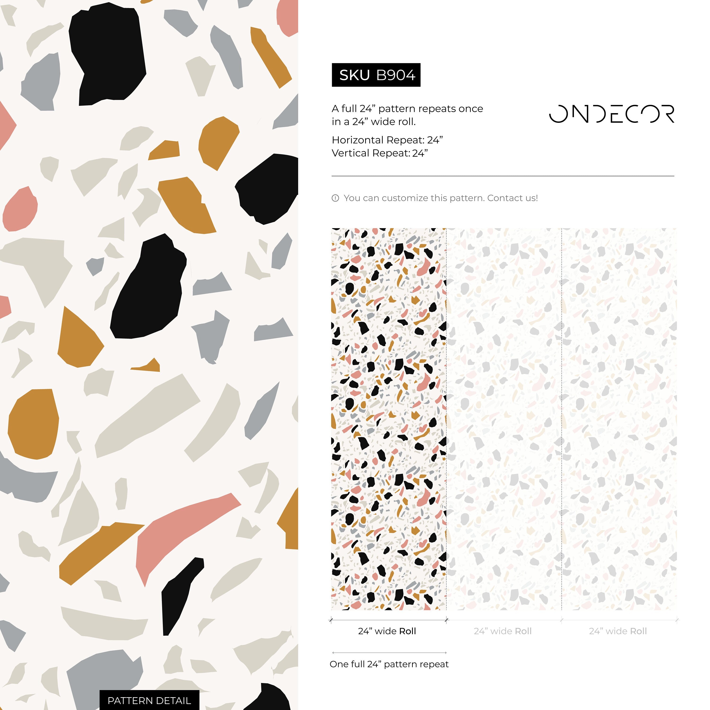 Terrazzo Wallpaper With A Modern Mosaic In Black, Pink, And Ochre - B904