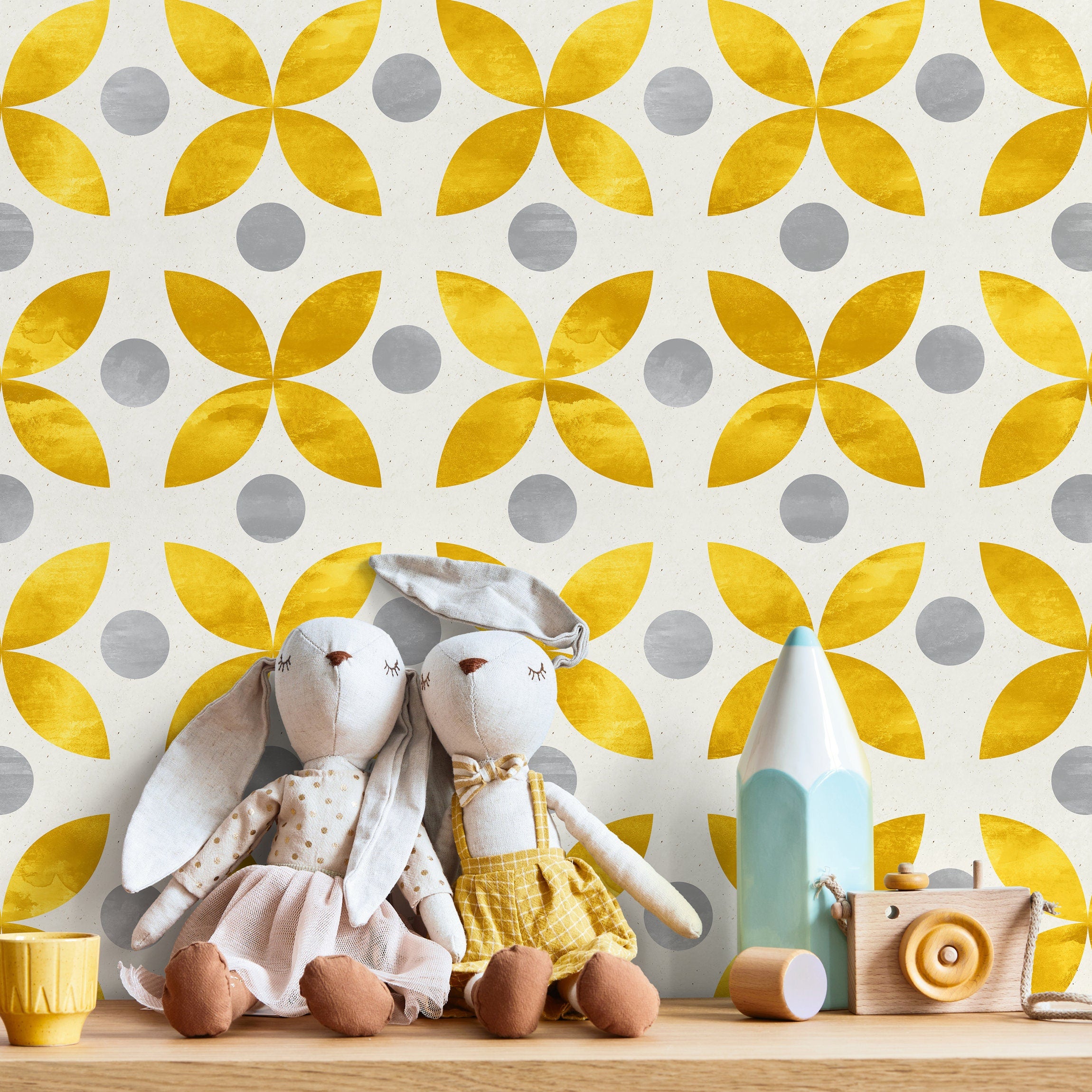 Geometric Wallpaper With A Scandinavian Floral Motif In Yellow And Grey - A737