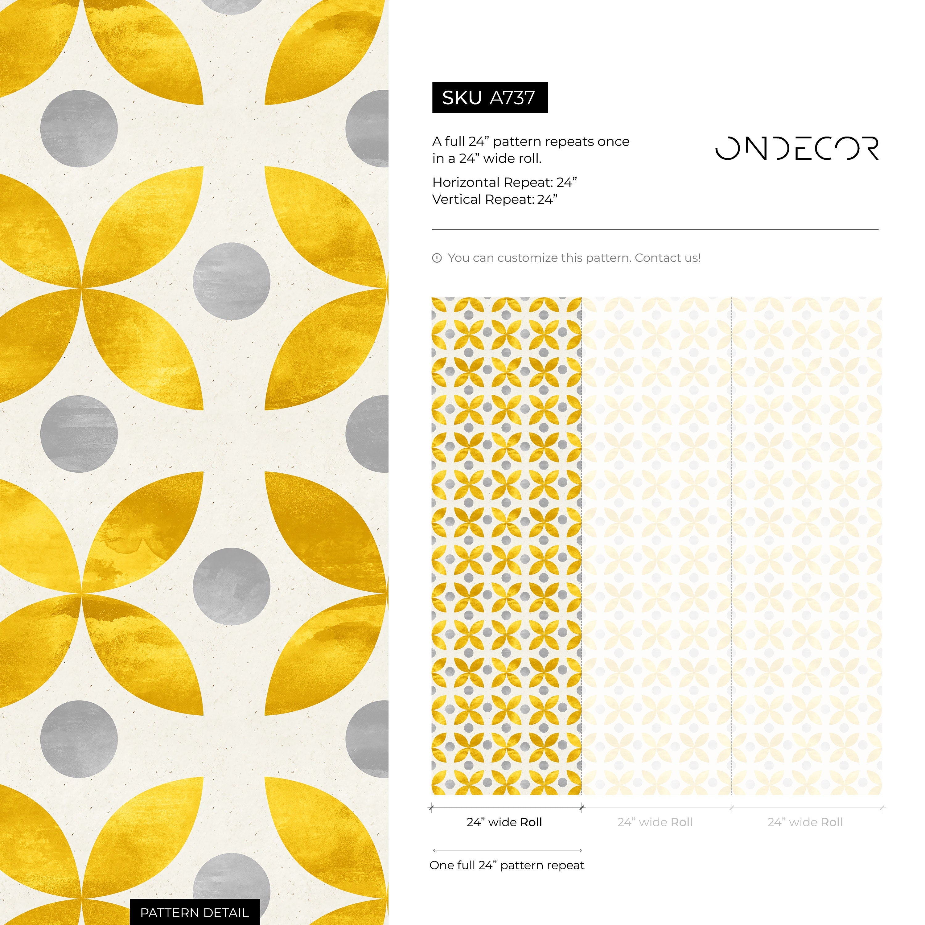 Geometric Wallpaper With A Scandinavian Floral Motif In Yellow And Grey - A737