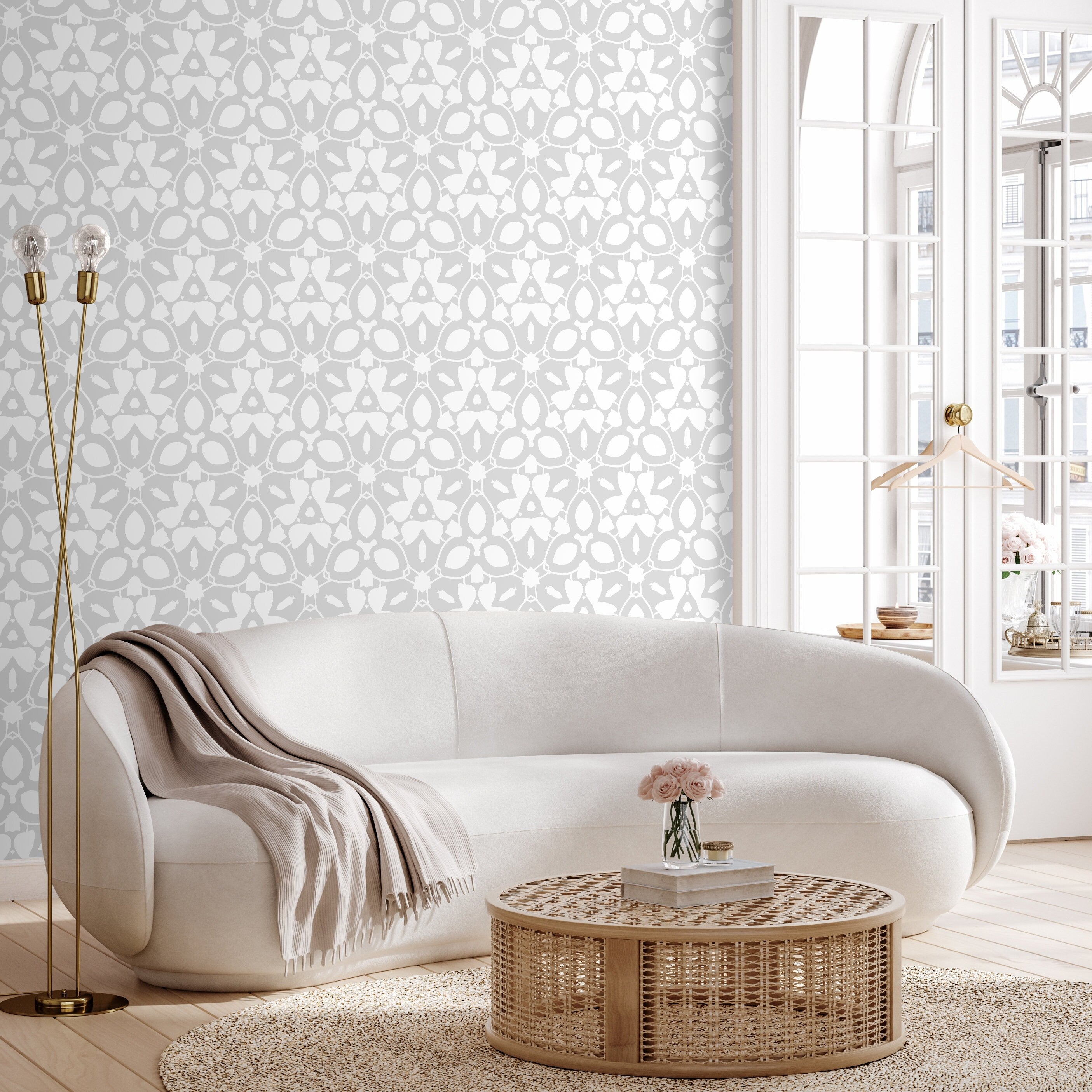 Abstract Wallpaper With A Symmetrical Kaleidoscope Motif In Gray And White - X045