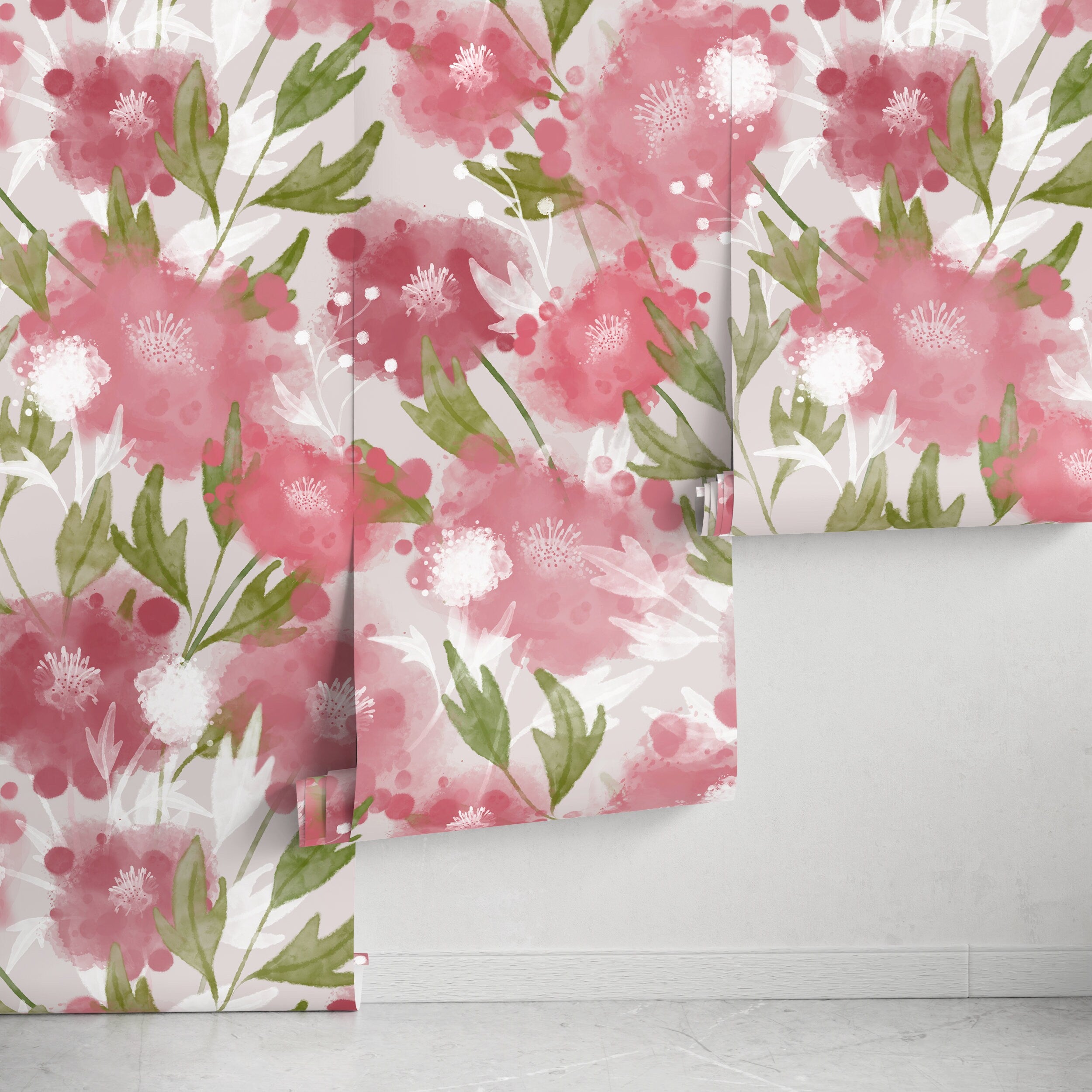 Floral Wallpaper With A Watercolor Motif In Pink And Green - X129