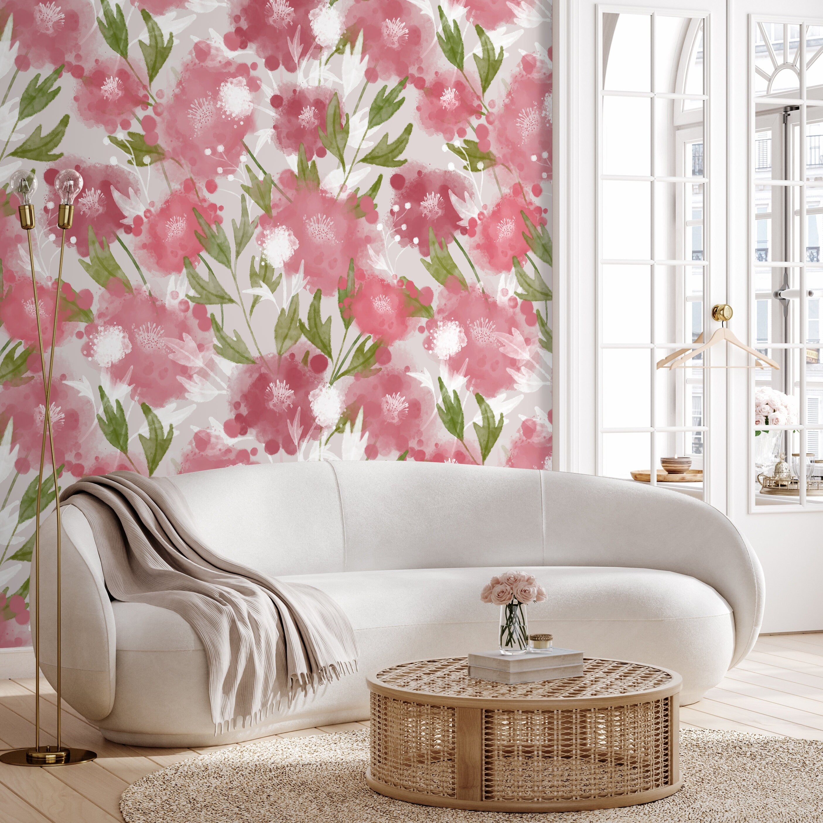 Floral Wallpaper With A Watercolor Motif In Pink And Green - X129