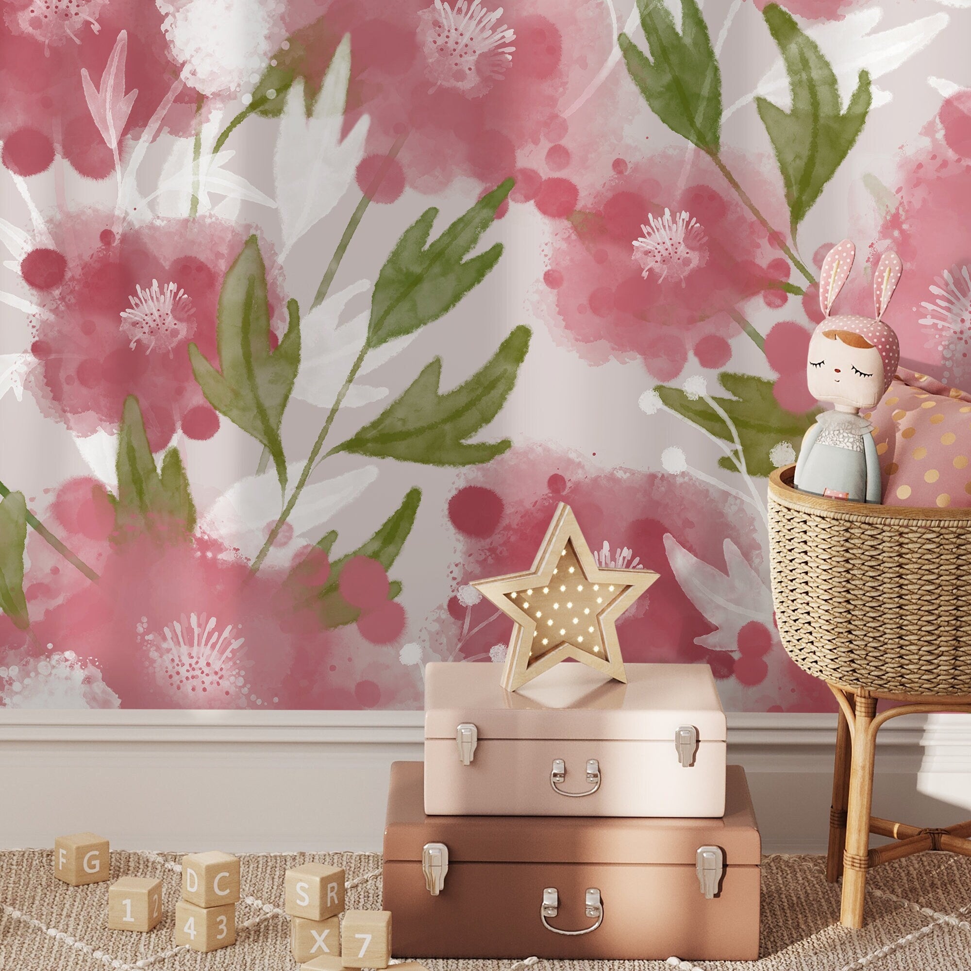 Floral Wallpaper With A Watercolor Motif In Pink And Green - X129
