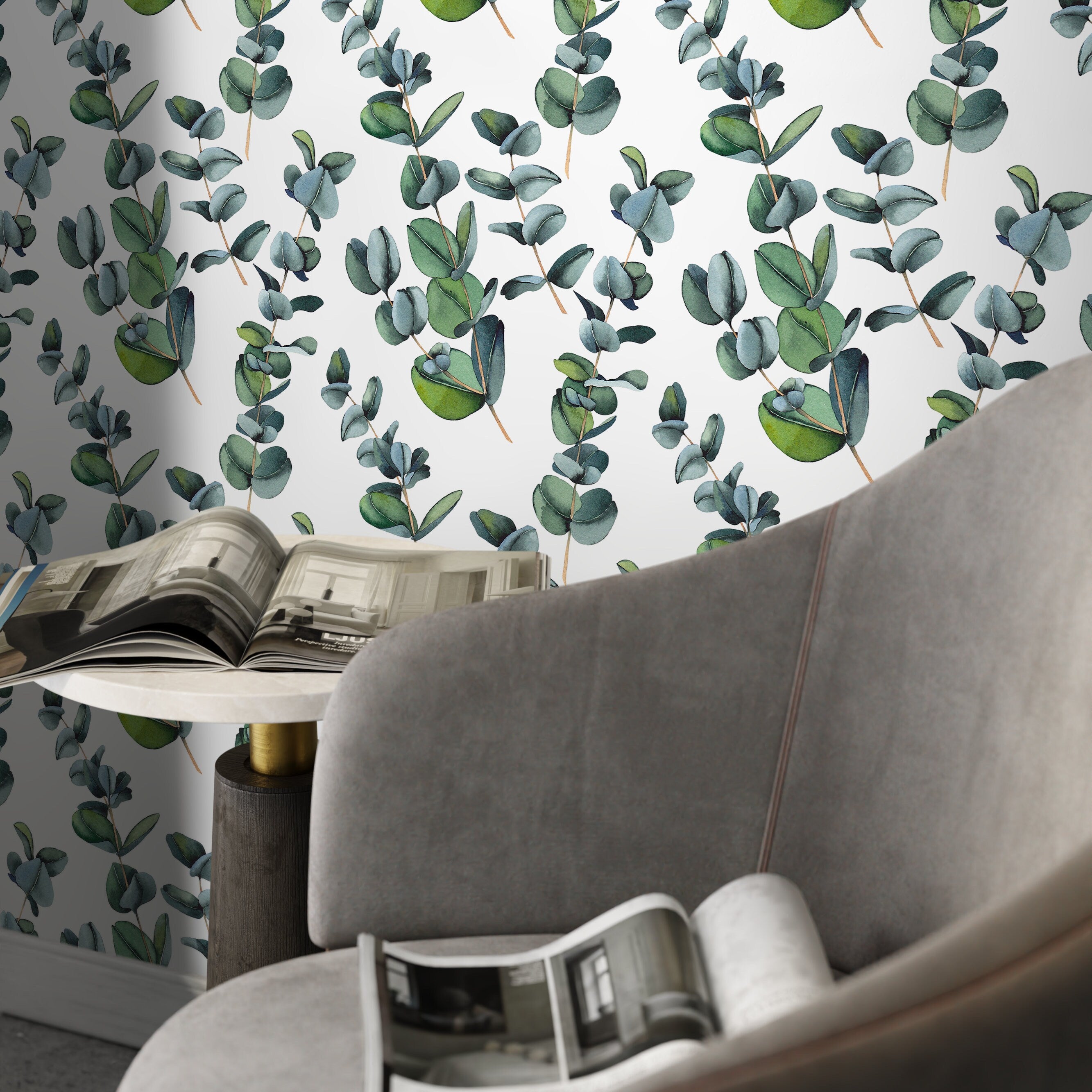 Botanical Wallpaper With Watercolor Eucalyptus Branches In Green - A756