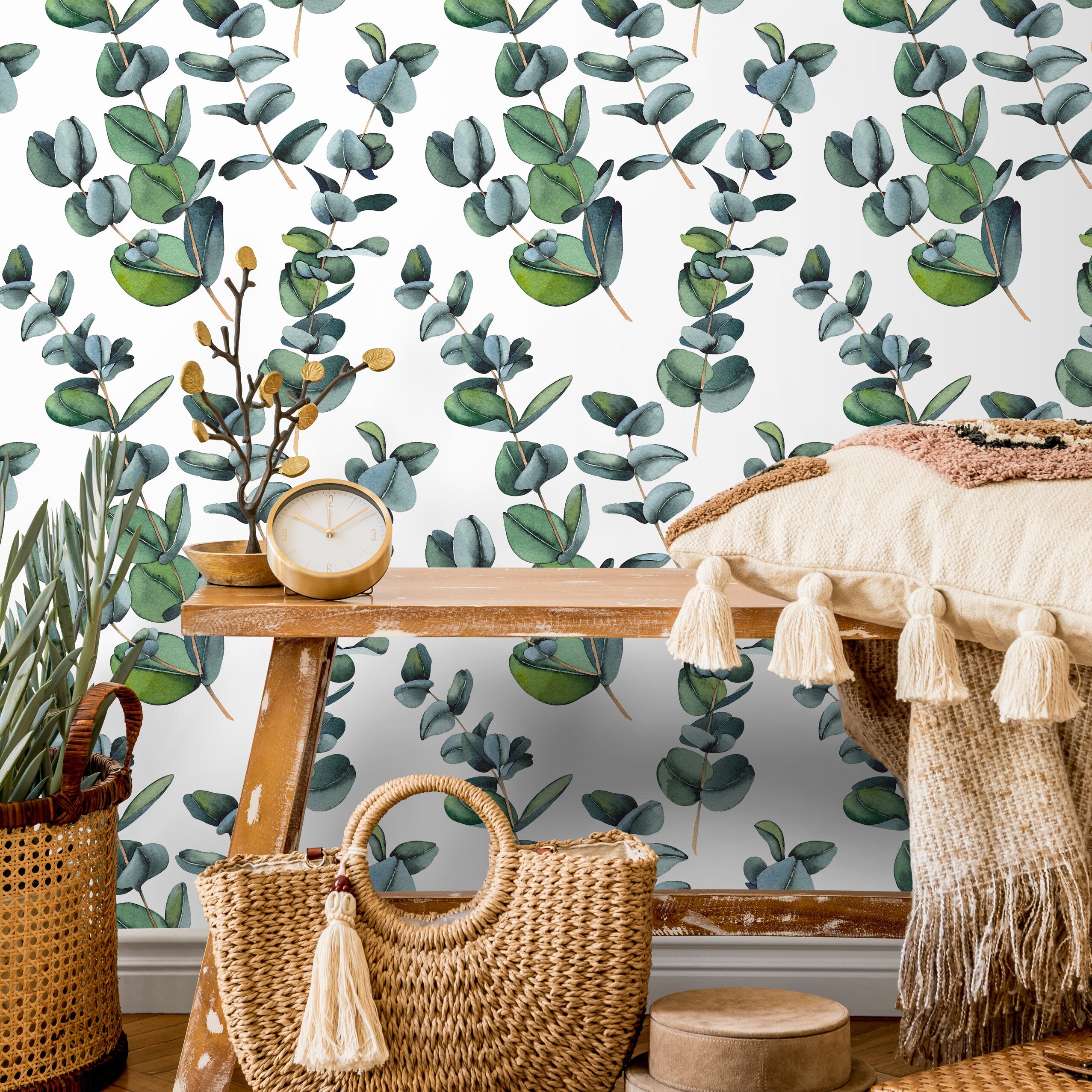 Botanical Wallpaper With Watercolor Eucalyptus Branches In Green - A756