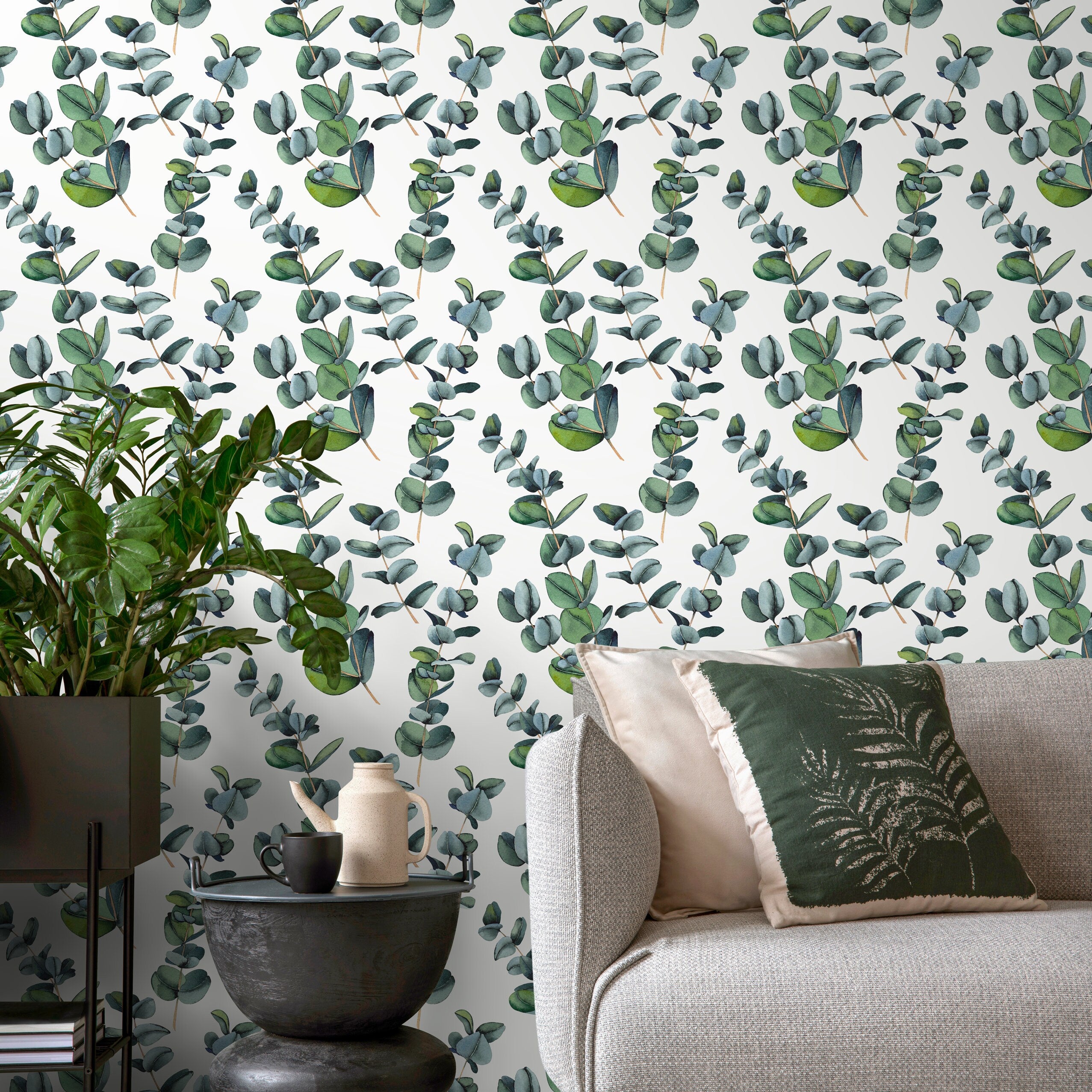 Botanical Wallpaper With Watercolor Eucalyptus Branches In Green - A756