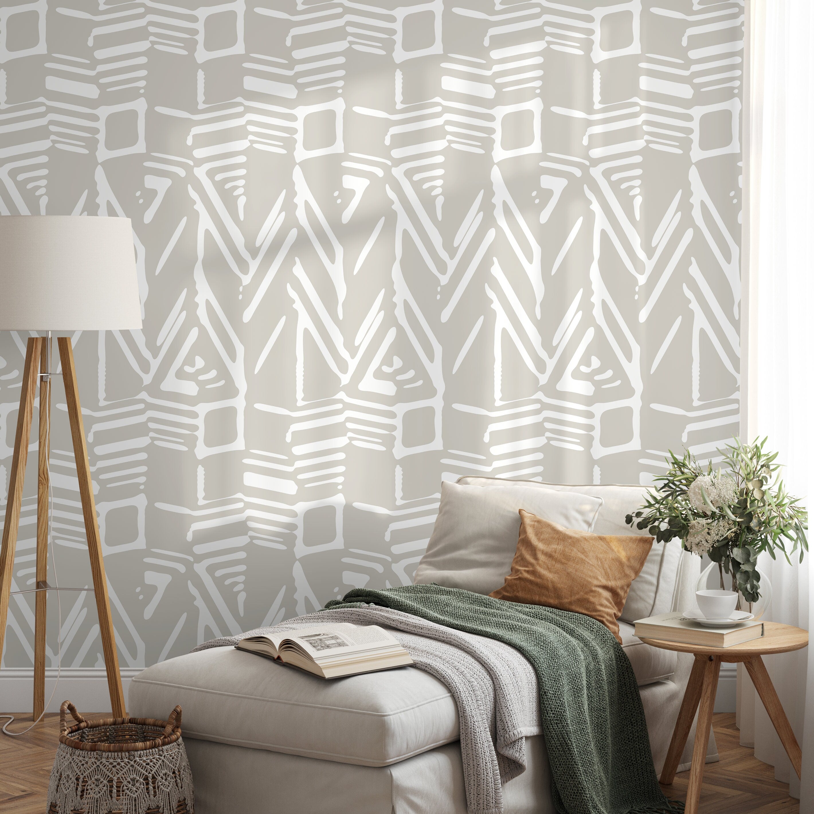 Abstract Wallpaper With A Tribal Brushstroke Motif In White And Beige - D959