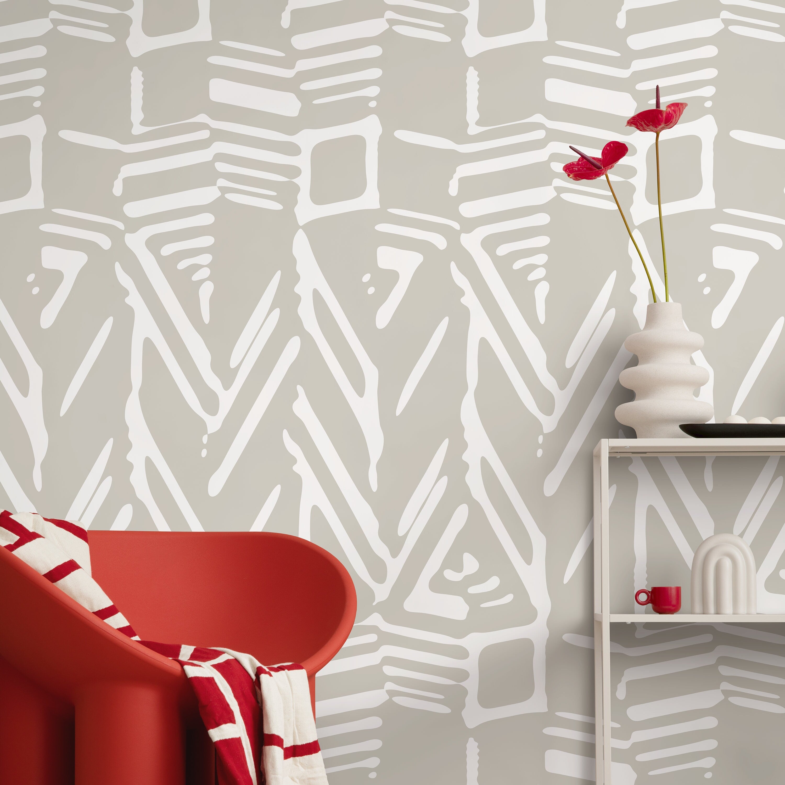 Abstract Wallpaper With A Tribal Brushstroke Motif In White And Beige - D959
