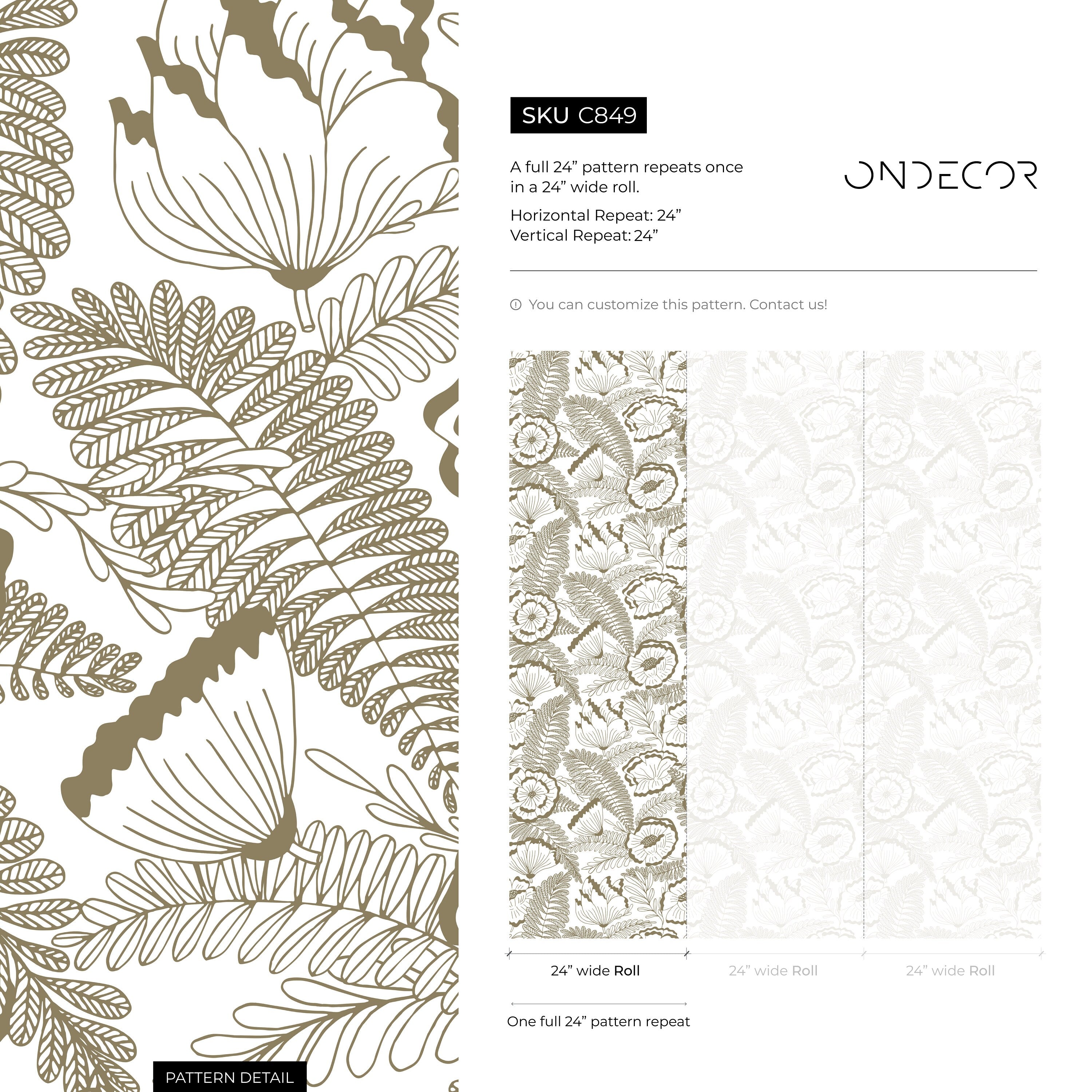 Floral Wallpaper With A Poppy And Fern Line Art Motif In Beige - C849