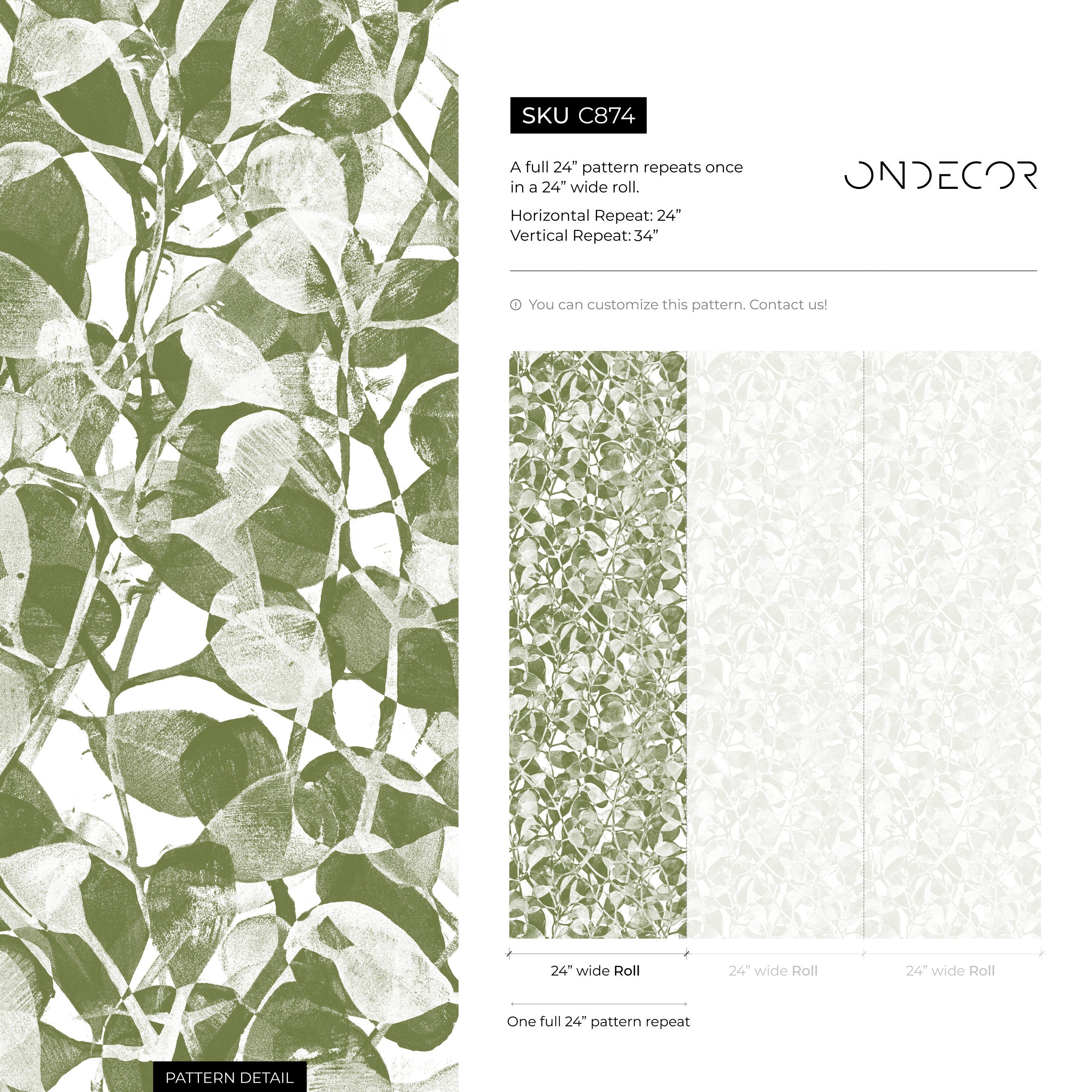 Botanical Wallpaper With A Stamped Leaf Motif In Green And Light Grey - C874