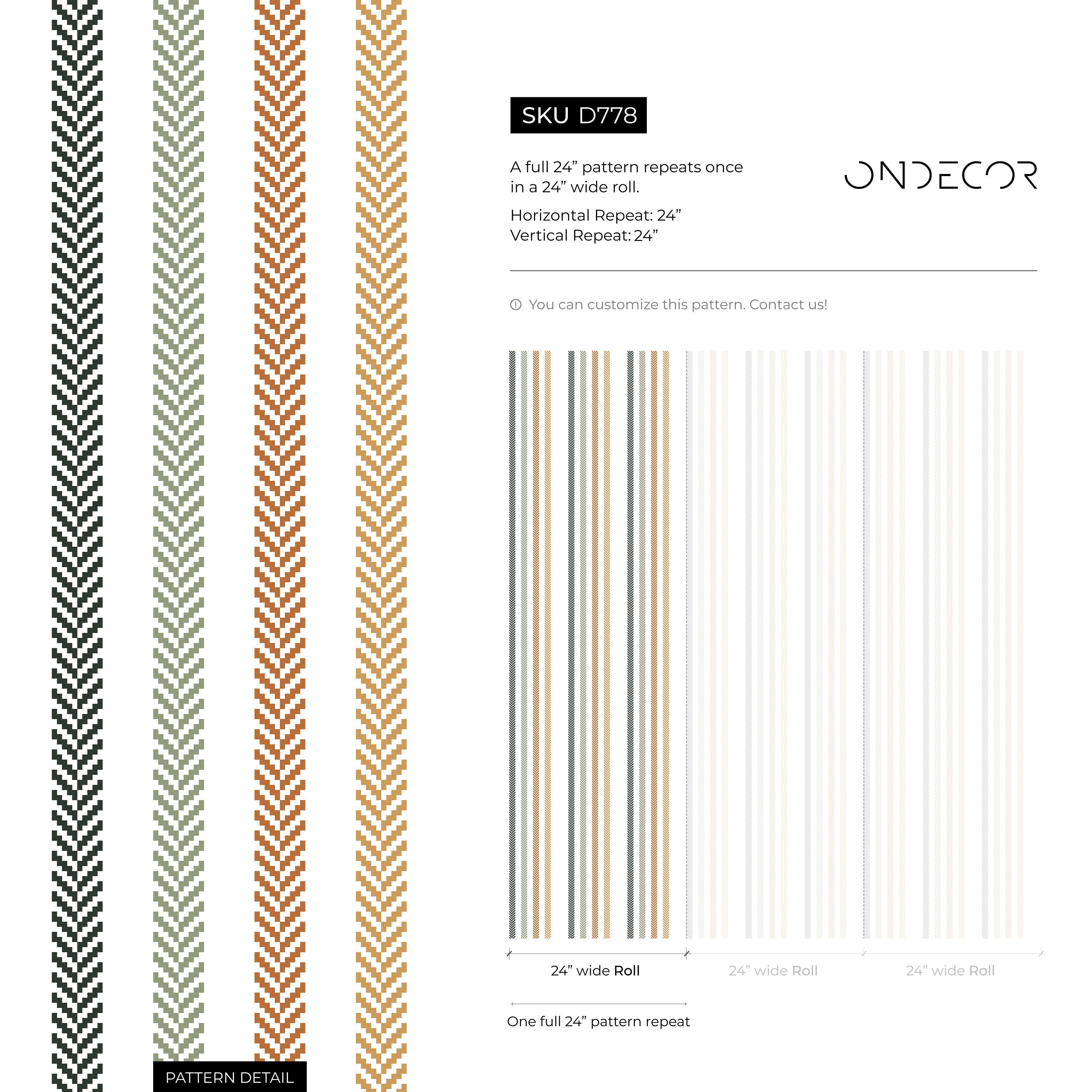 Striped Wallpaper With A Herringbone Motif In Black, Sage, And Rust - D778