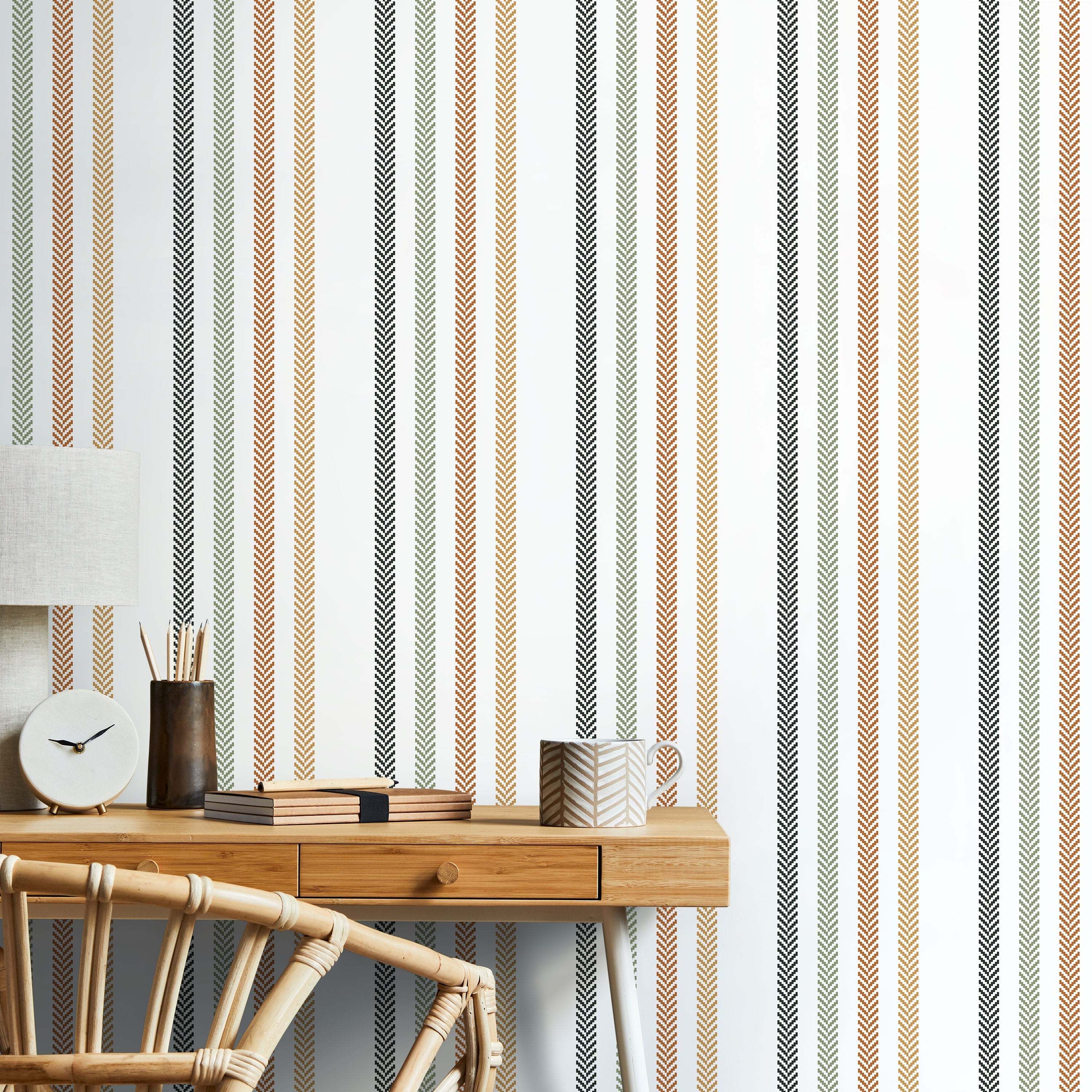 Striped Wallpaper With A Herringbone Motif In Black, Sage, And Rust - D778