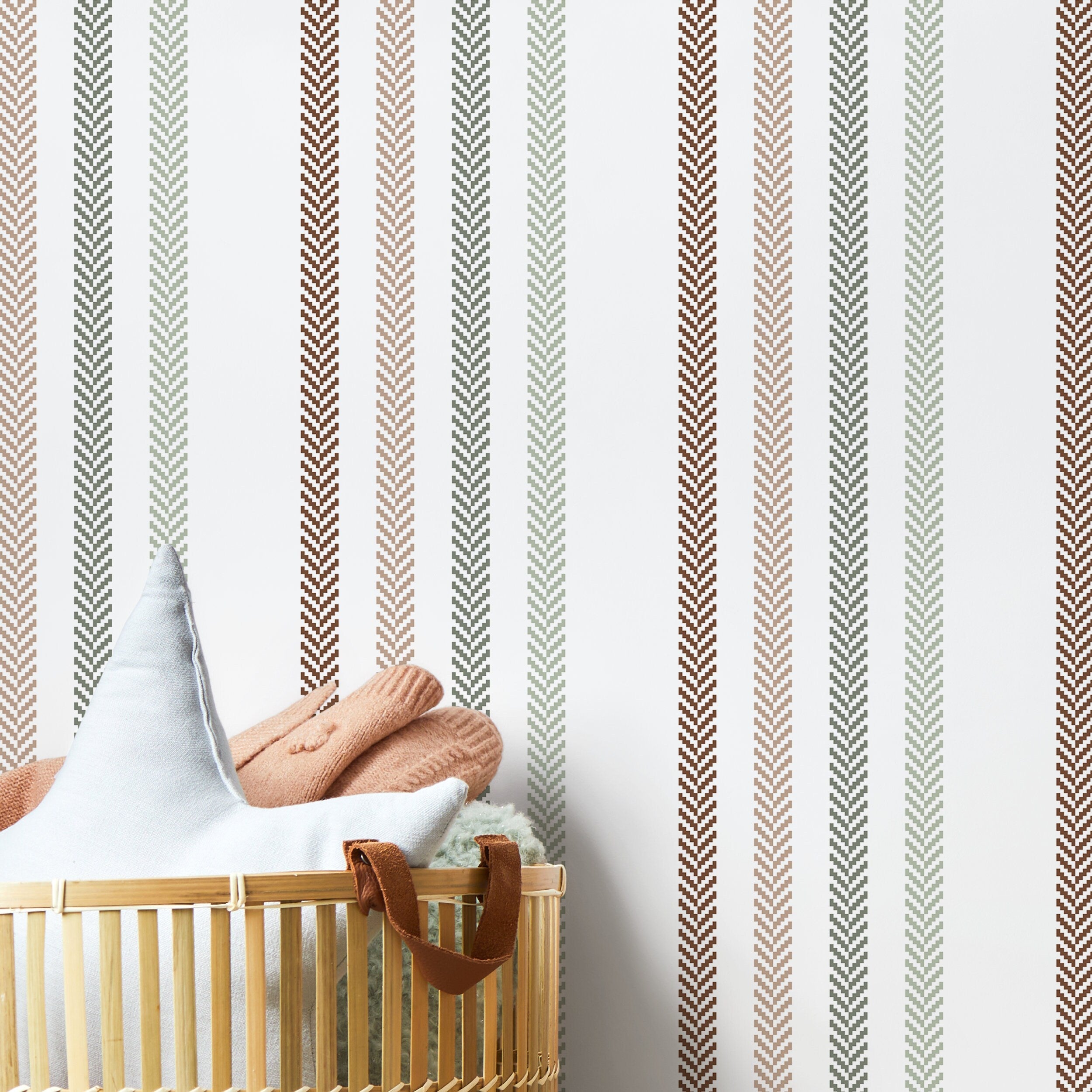 Striped Wallpaper With A Chevron Motif In Brown, Green, And Beige - D779